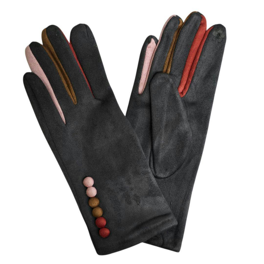 Love Emvy Women's Dark/Grey Vibrant Colourful Contrast Gloves With Button Detailing