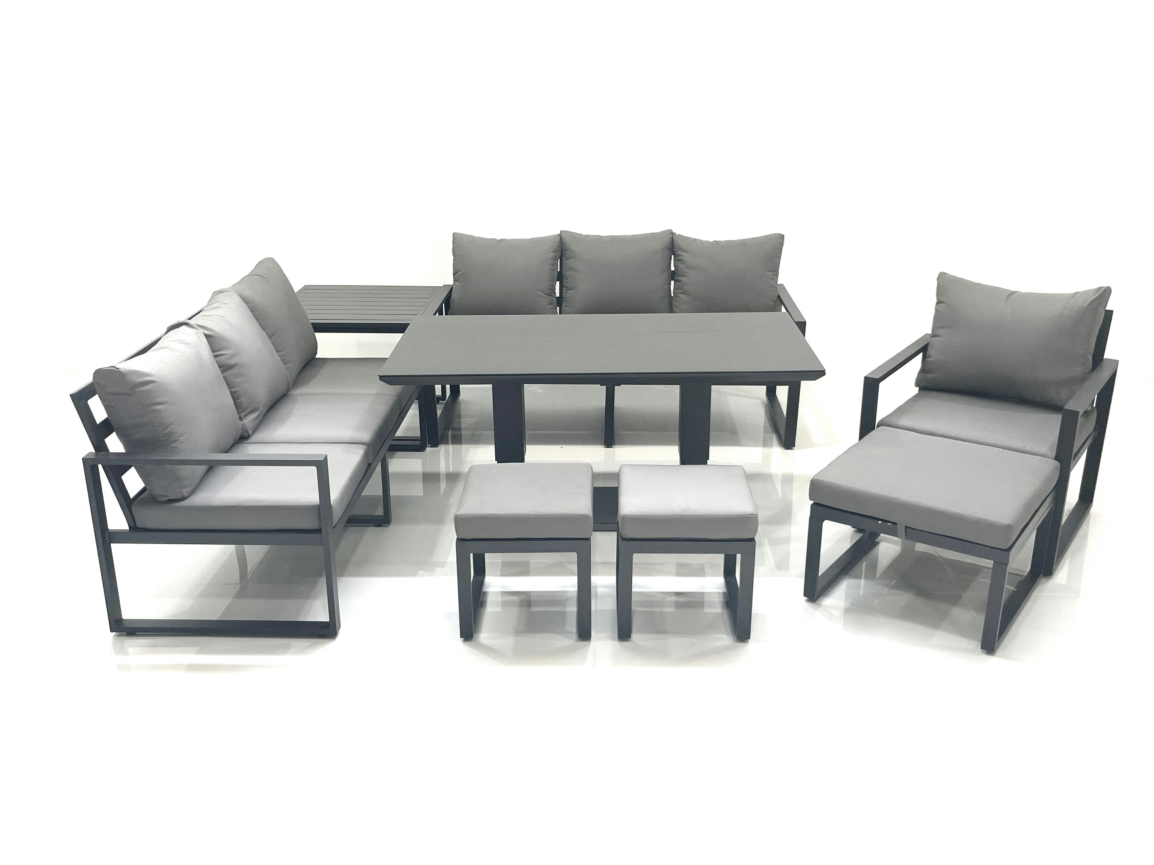 Fimous Dark/Grey Outdoor Garden Furniture Set Aluminium Lounge Sofa Adjustable Rising Lifting Dining Table Sets With 3 Footstools Side Table