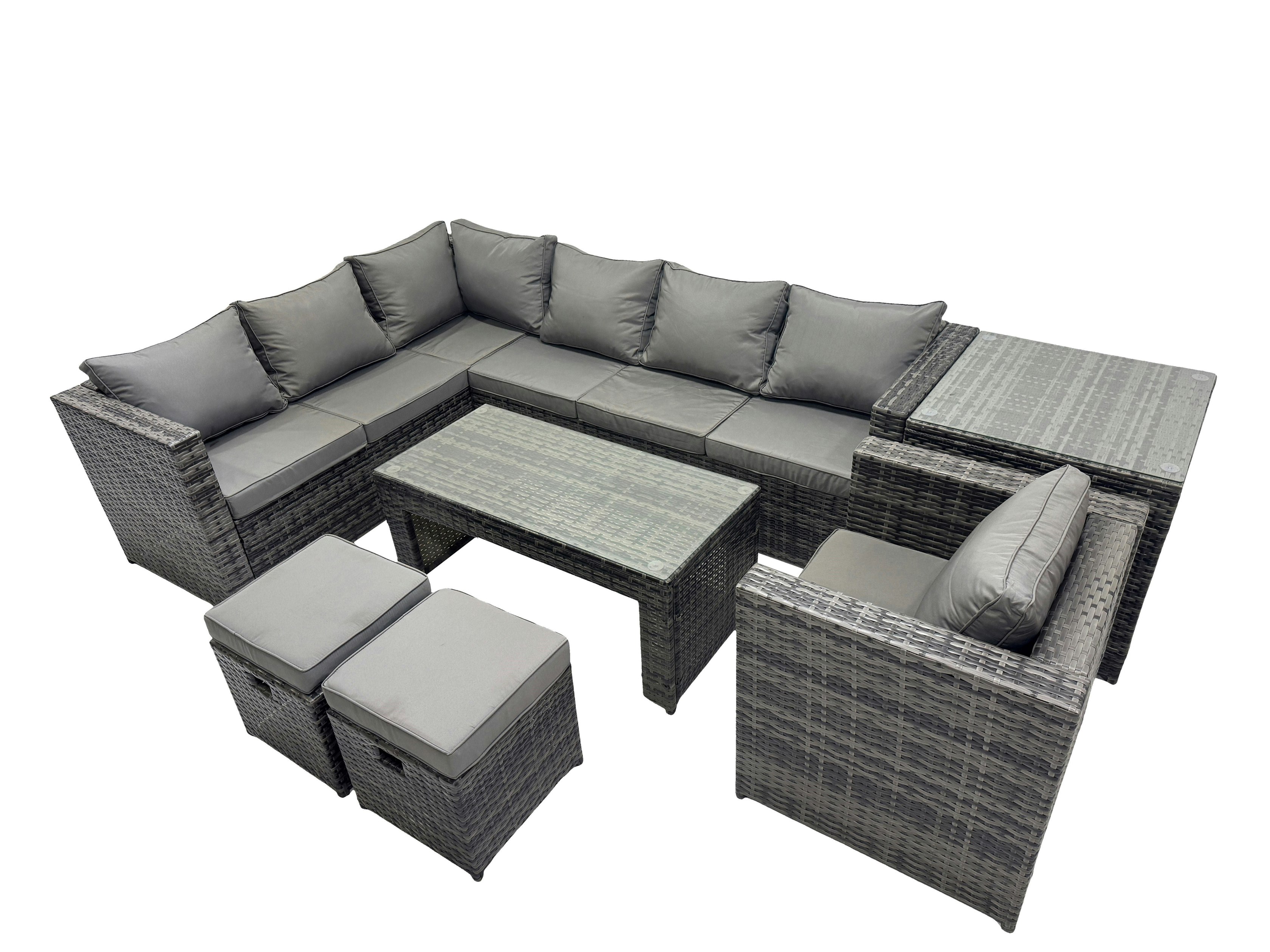 Fimous Dark/Grey 7 Pieces Outdoor Pe Rattan Garden Furniture Corner Sofa Oblong Coffee Table Set With Cushions 2 Small Stools Side Table Mixed
