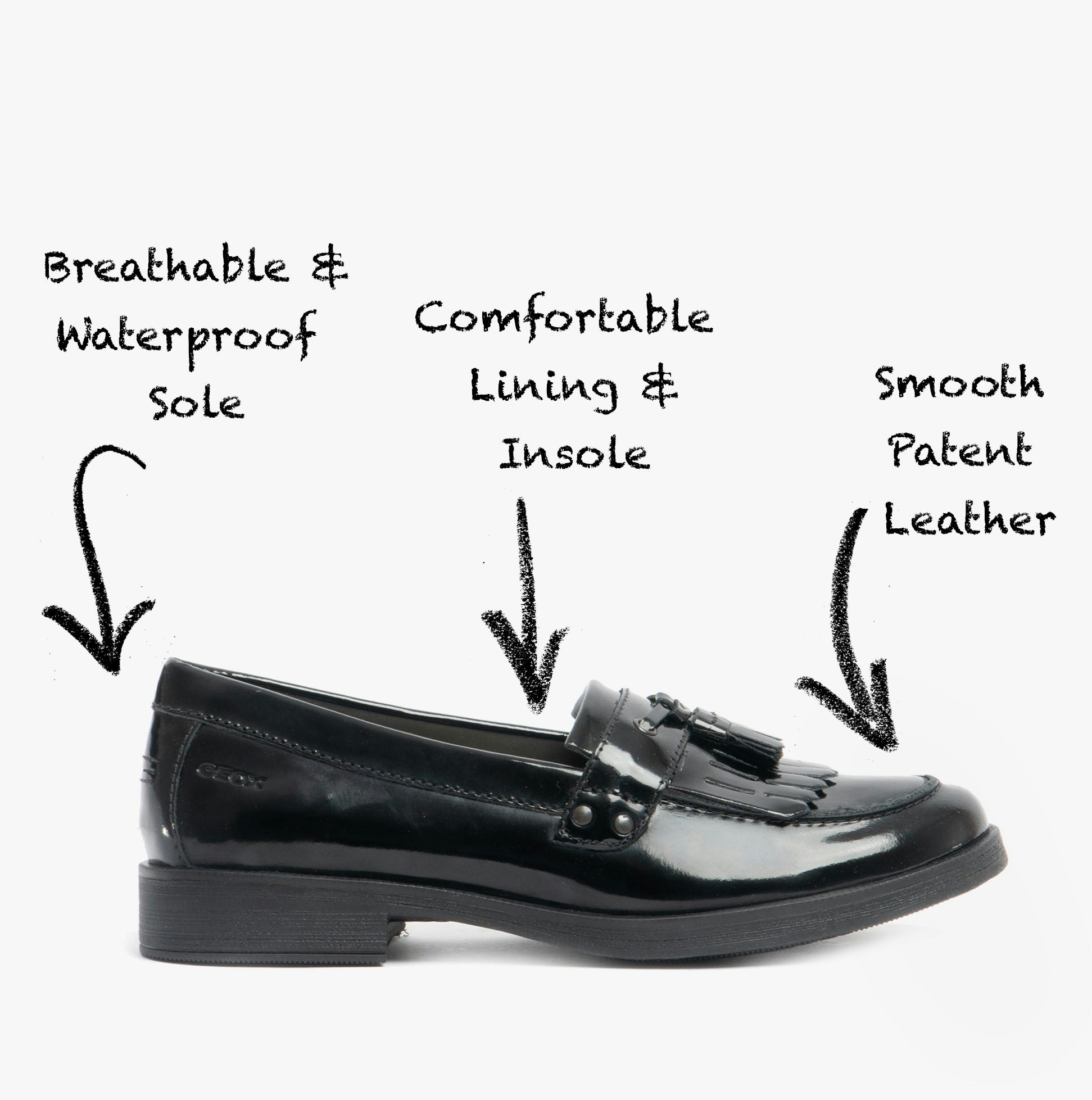 Geox Girls Black Jr Agata Moccasin Tassel School Shoes Patent - Size 7