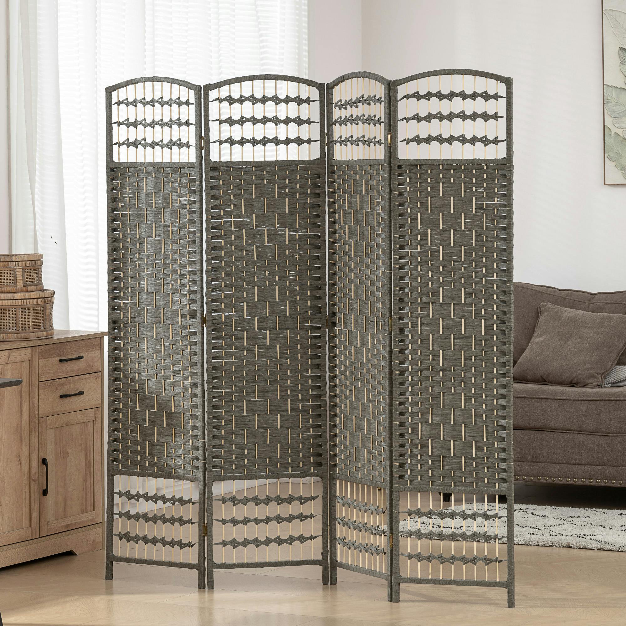 Rackhams Dark/Grey 4 Panel Folding Privacy Screen With Pine Wood Frame,