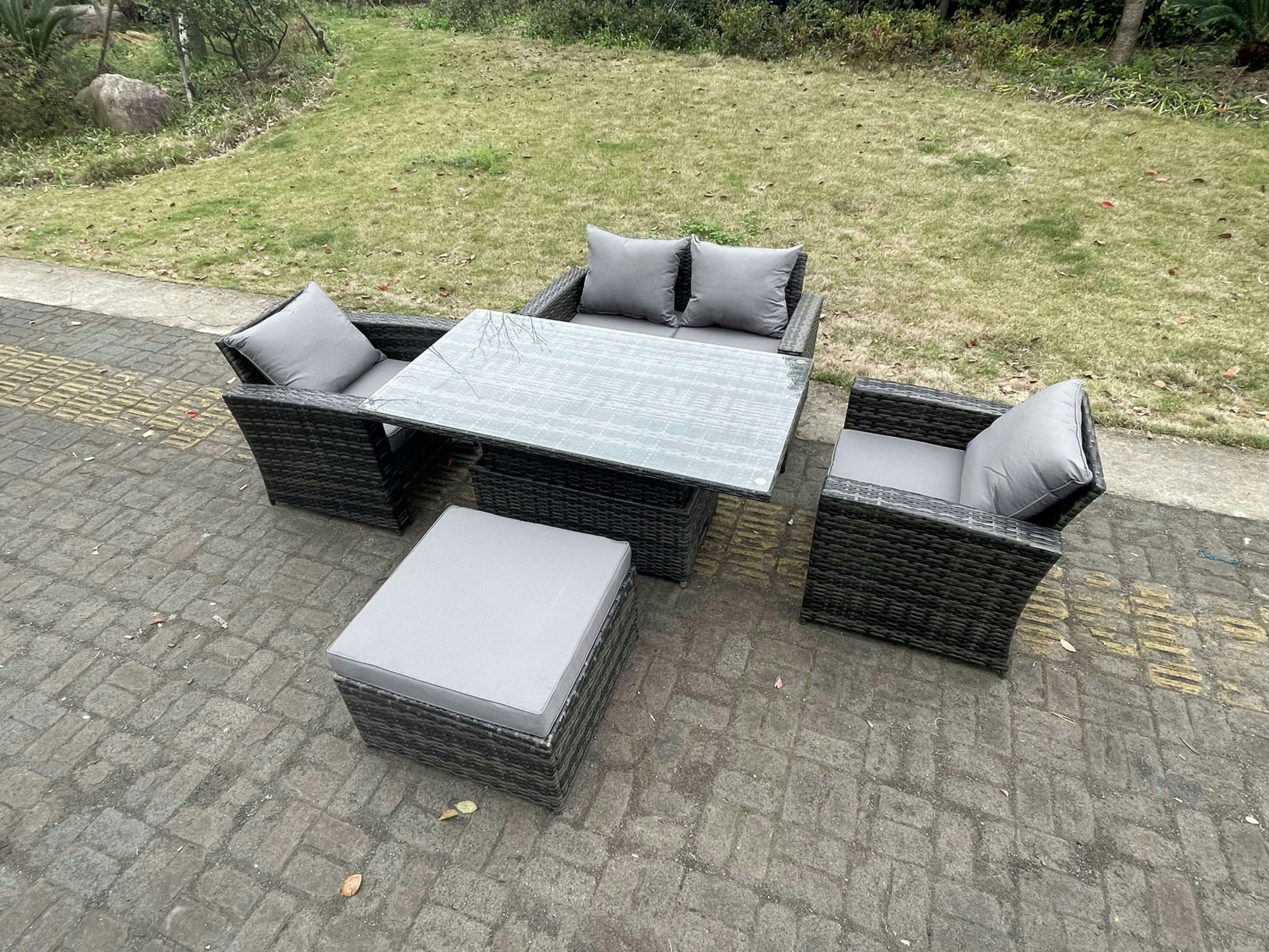 Rackhams Dark/Grey Rattan Outdoor Furniture Adjustable Rising Lifting Rectangle Dining Table Chairs Two Seater Love Sofa Sets Big Footstools 5 Seater