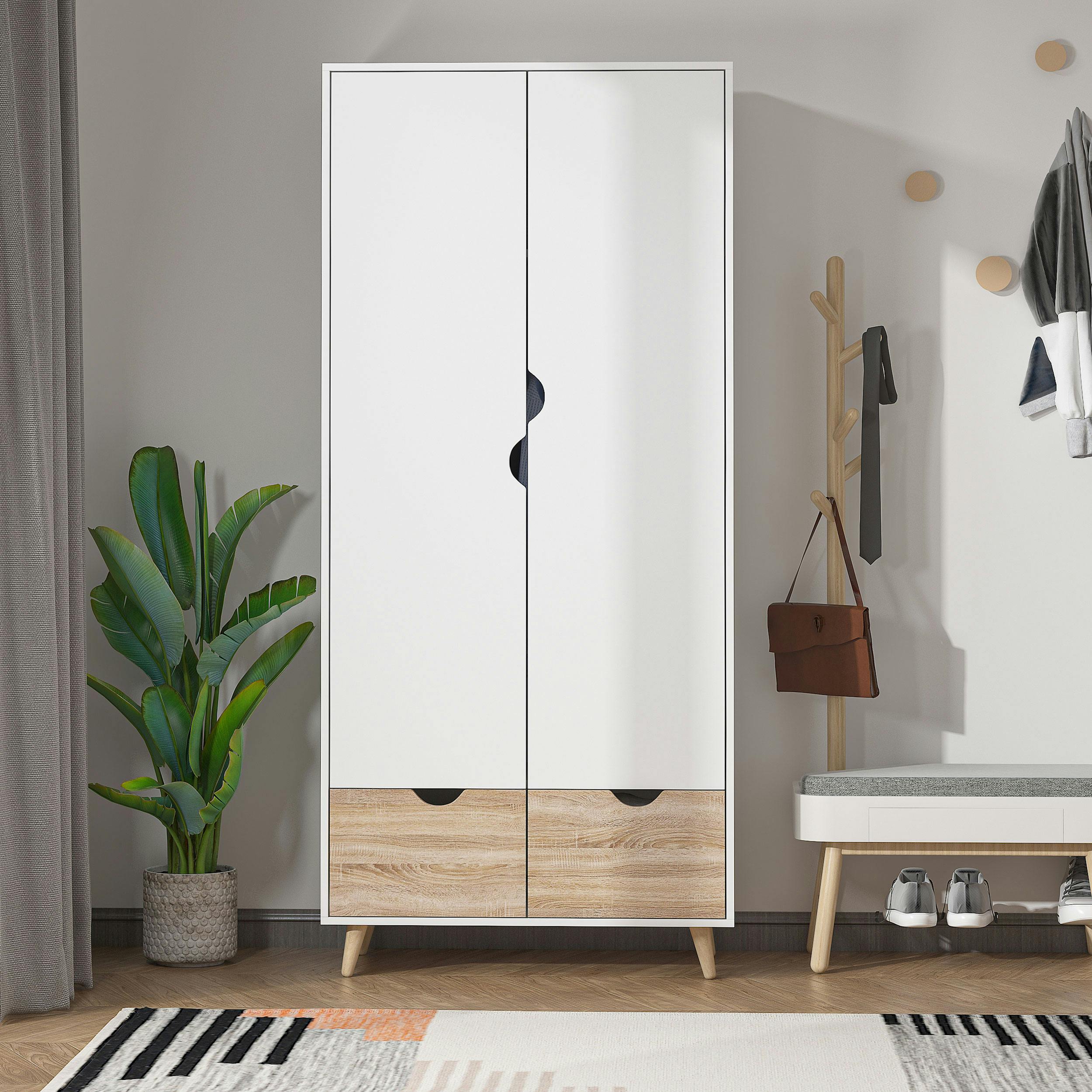 Homcom White 2-Door Clothes Wardrobe W/ Rail Shelf 2 Storage Drawers Wood Feet