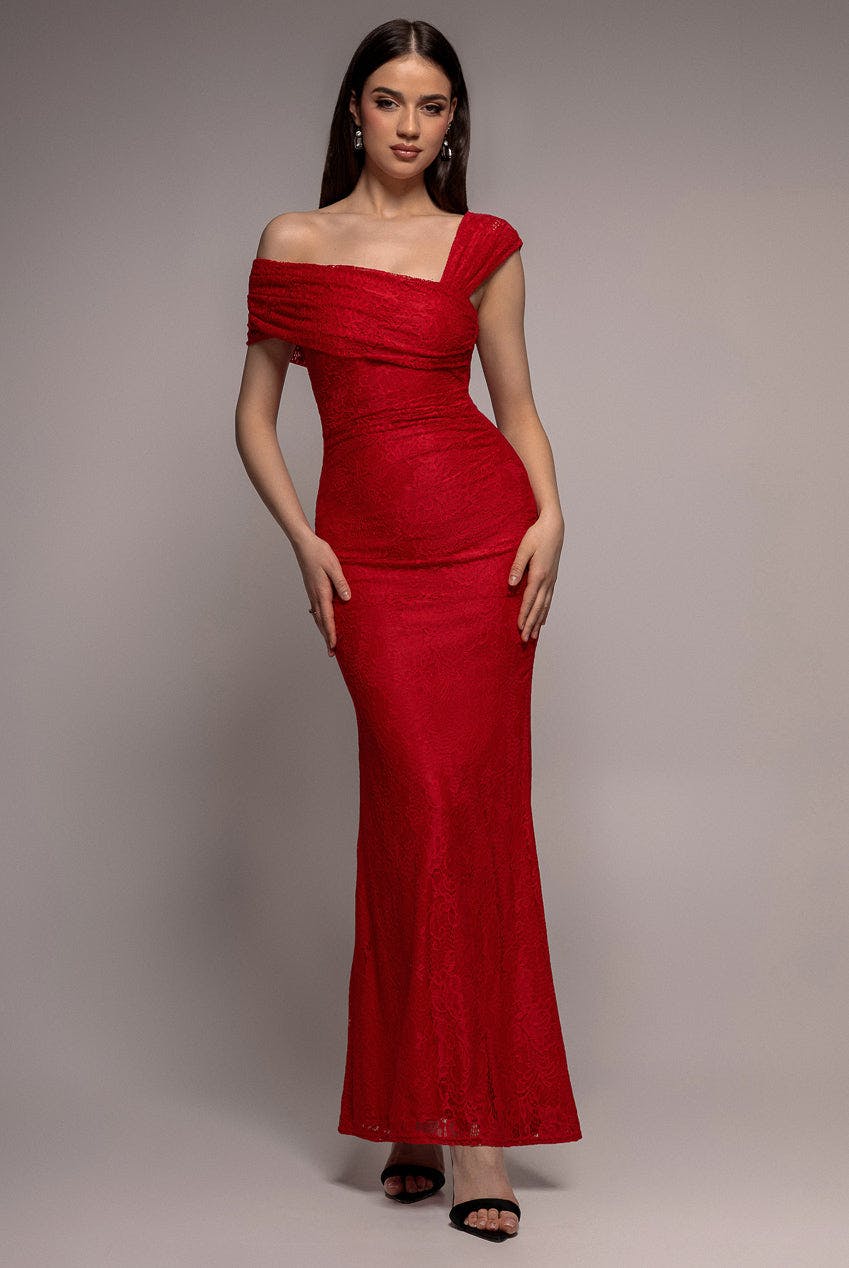 Goddiva Red One Shoulder Pleated Bardot Lace Maxi Dress - By - 16