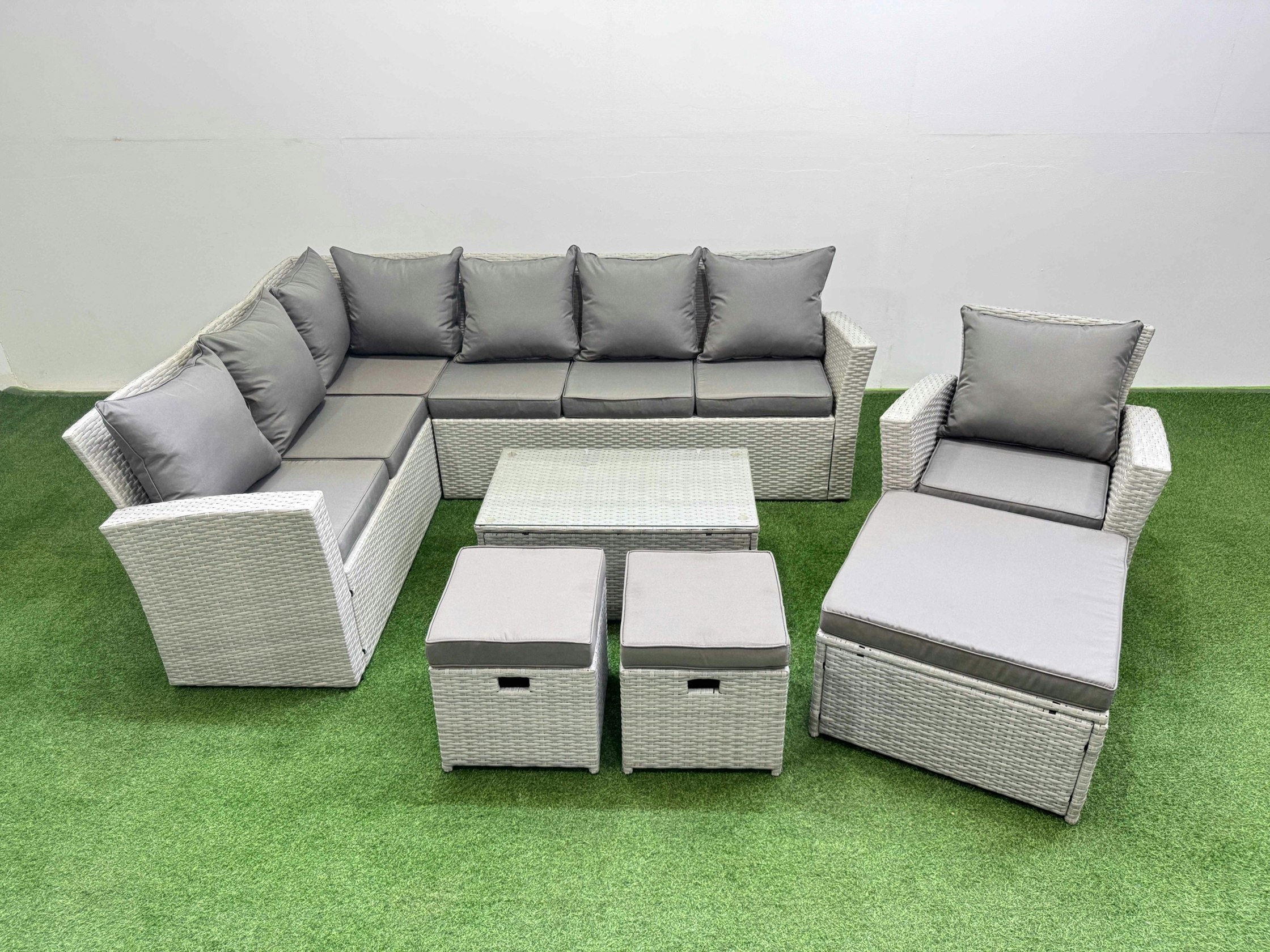 Fimous Light/Grey 10 Seater Garden Outdoor Pe Rattan Furniture Set Rattan Garden Sofa Set With 3 Footstools Mixed