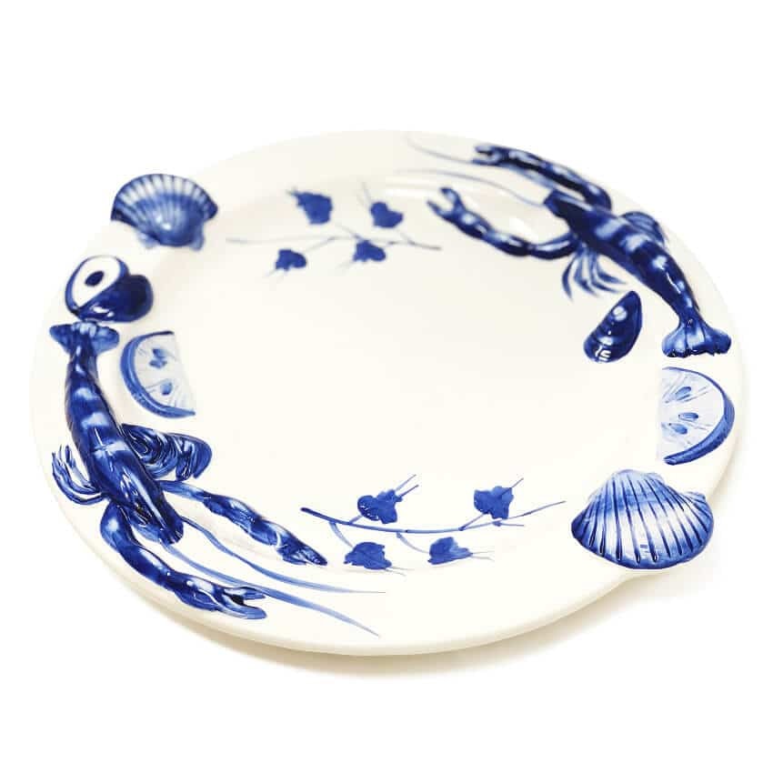 Verano Spanish Ceramics Blue/White Coastal - Sea Shell Round Platter - Ceramic
