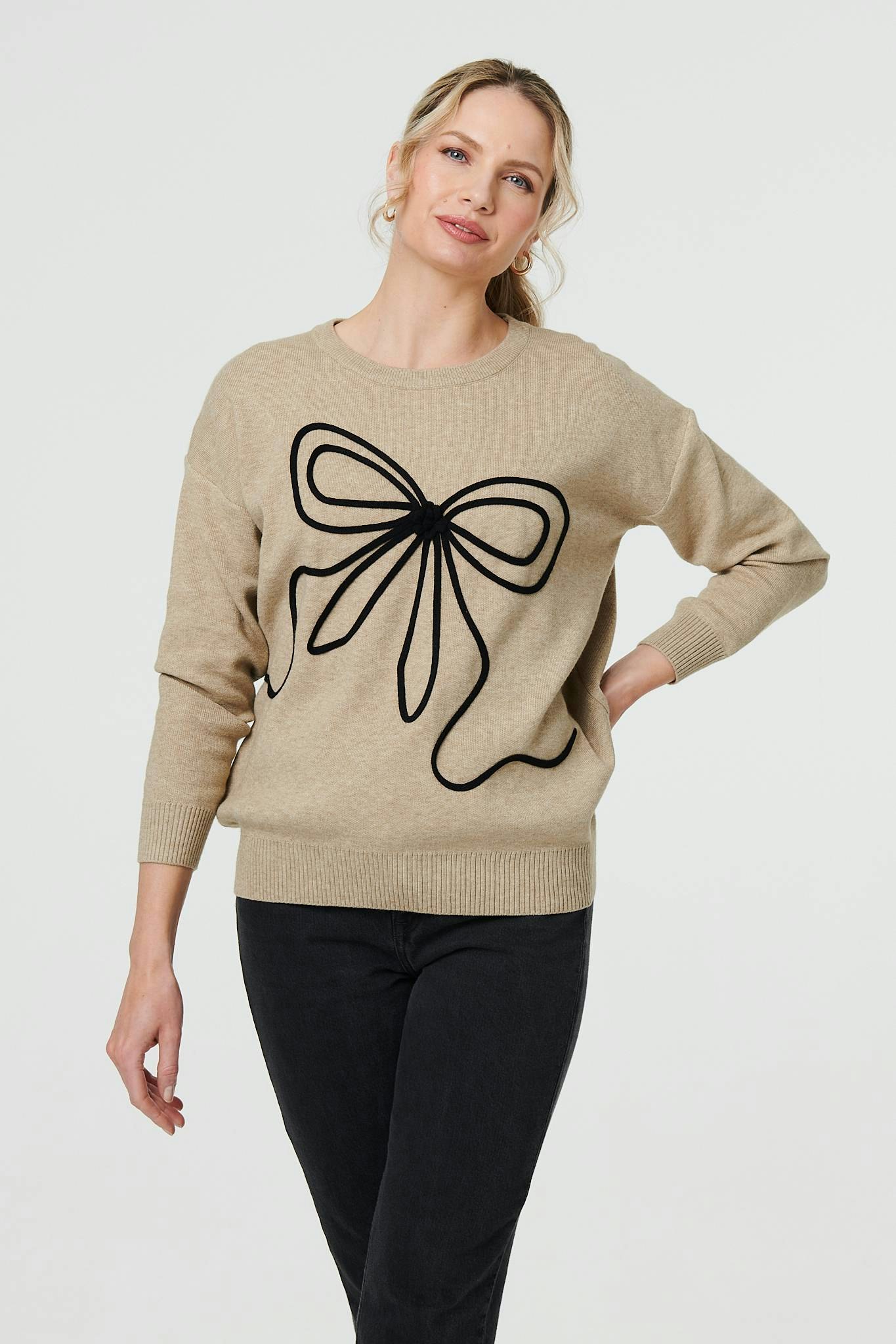 Izabel London Beige Bow Embellished Drop Shoulder Knit Jumper - 12/14