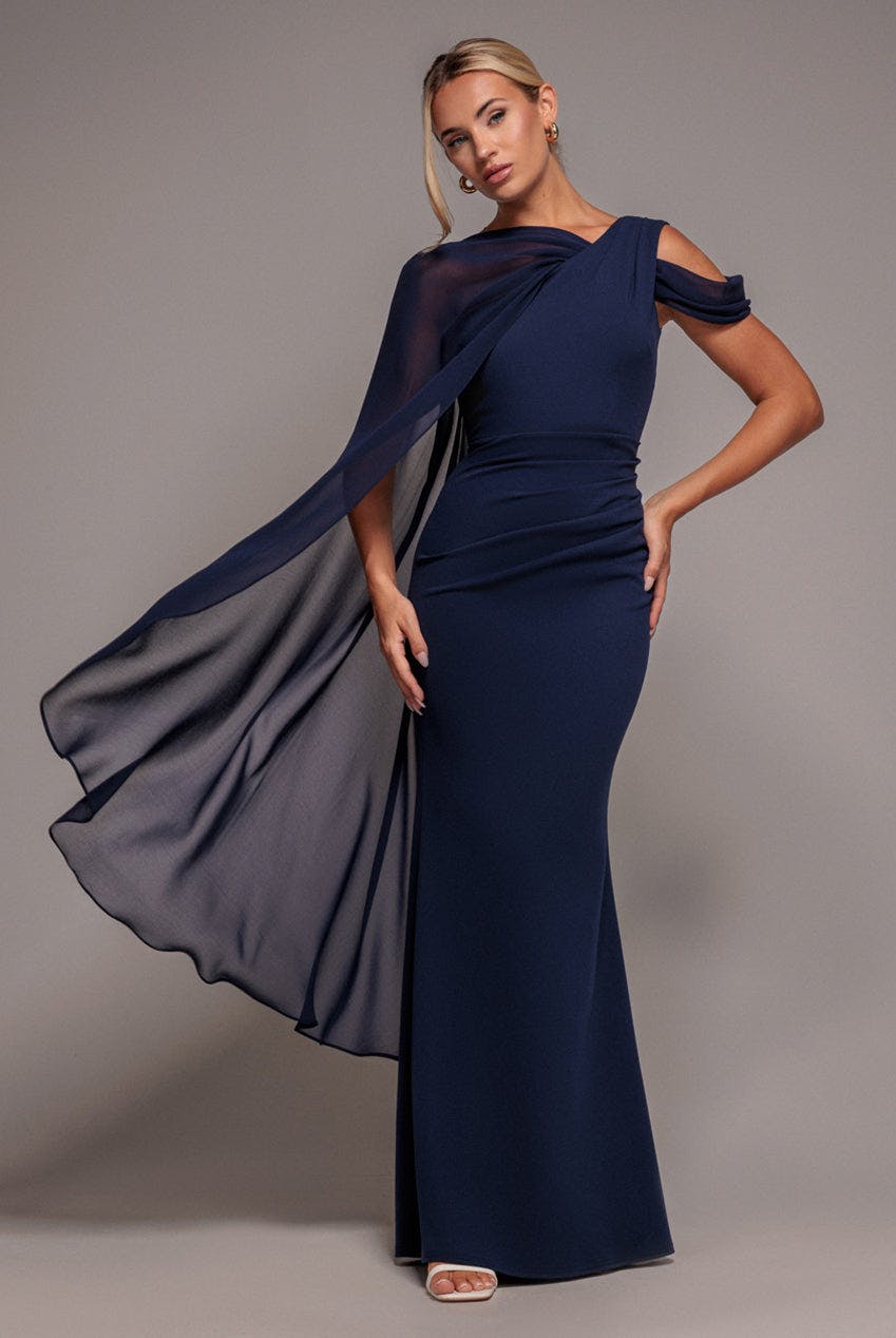 Goddiva Blue One Shoulder Chiffon Cape Crepe Maxi Dress - Navy By - Navy - 14