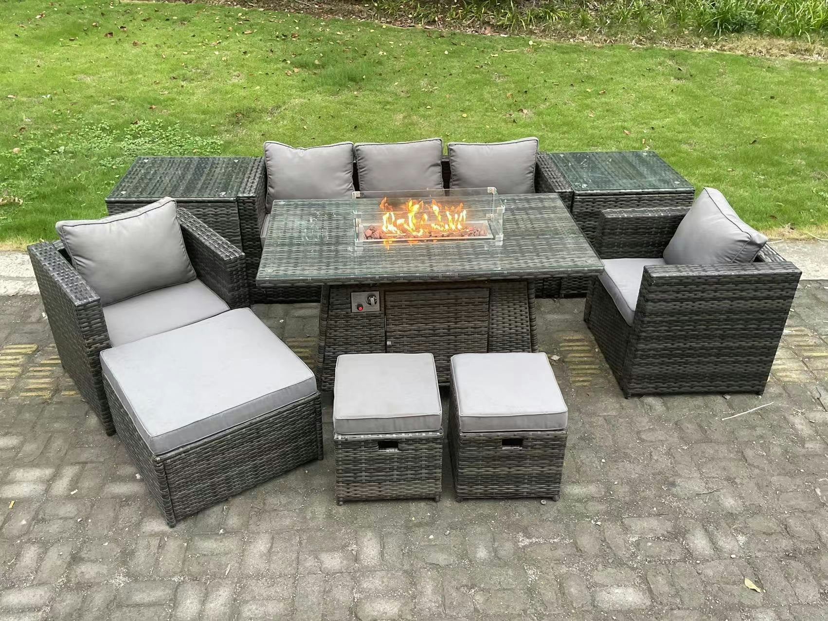 Rackhams Dark/Grey 8-Seater Rattan Gas Fire Pit Dining Set | Outdoor Wicker, 2 Armchairs, 2 Side Tables, Footstool |