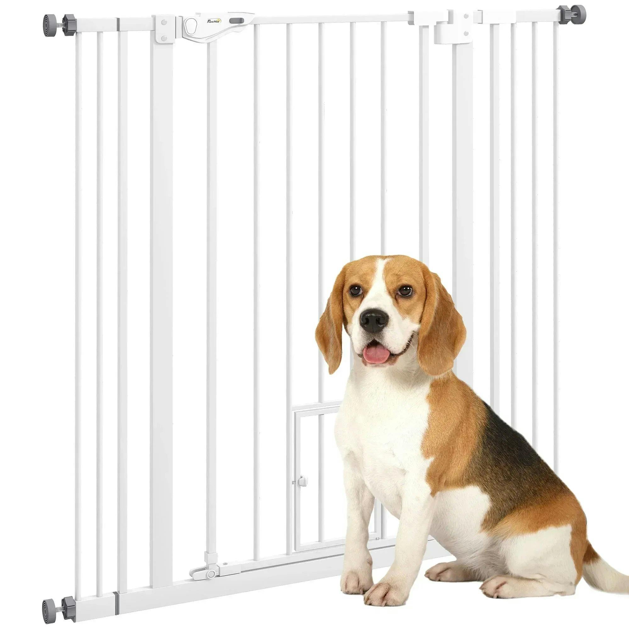 PawHut Extra Tall Dog Gate with Cat Flap 104 cm Tall 74-101 cm Wide White | Pet Safety Gate, Doorways Stairs, Auto Close Double Locking - Image 4