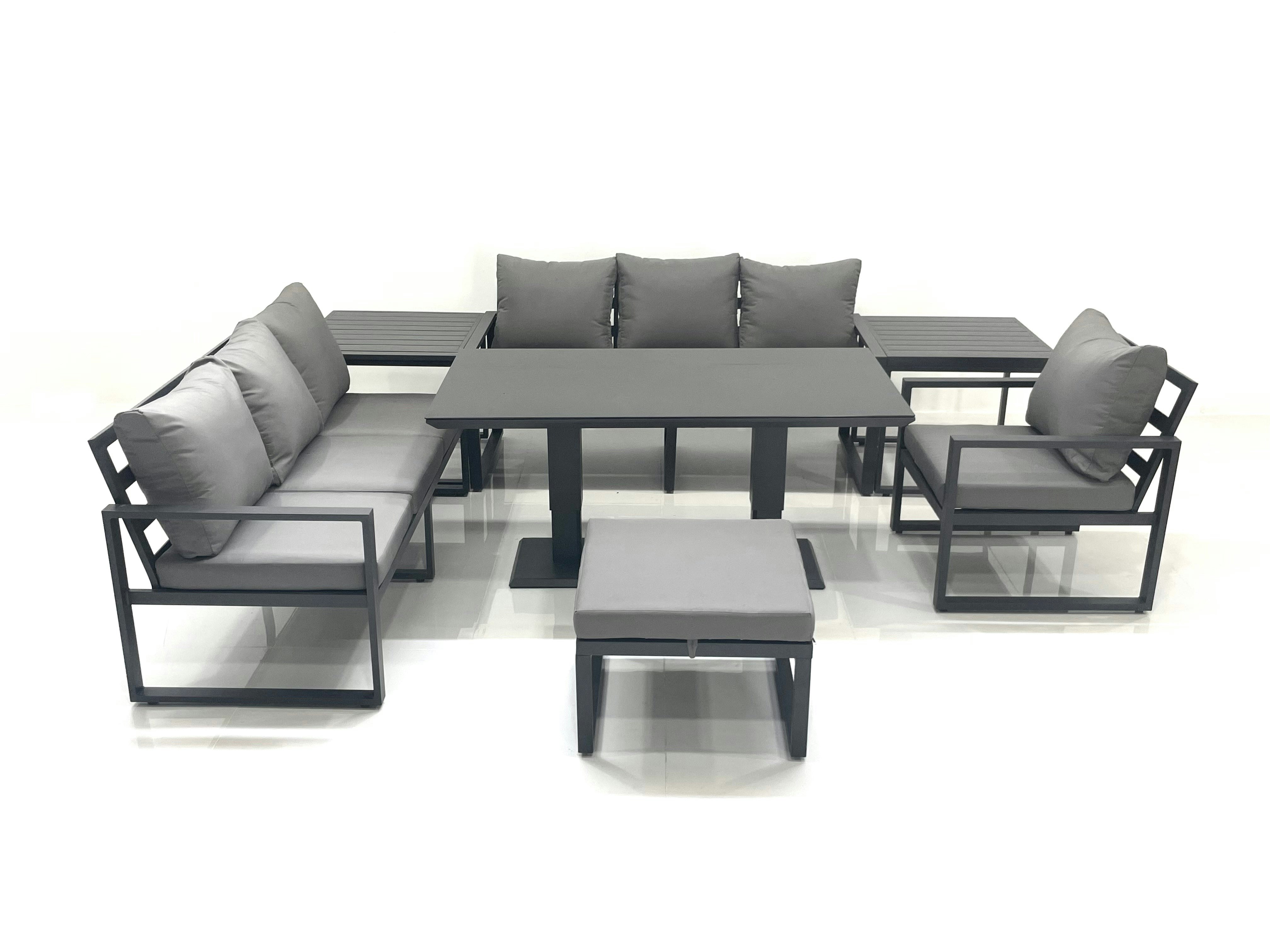 Fimous Dark/Grey Outdoor Garden Furniture Set Aluminium Lounge Sofa Adjustable Rising Lifting Dining Table Sets With Big Footstool 2 Side Tables