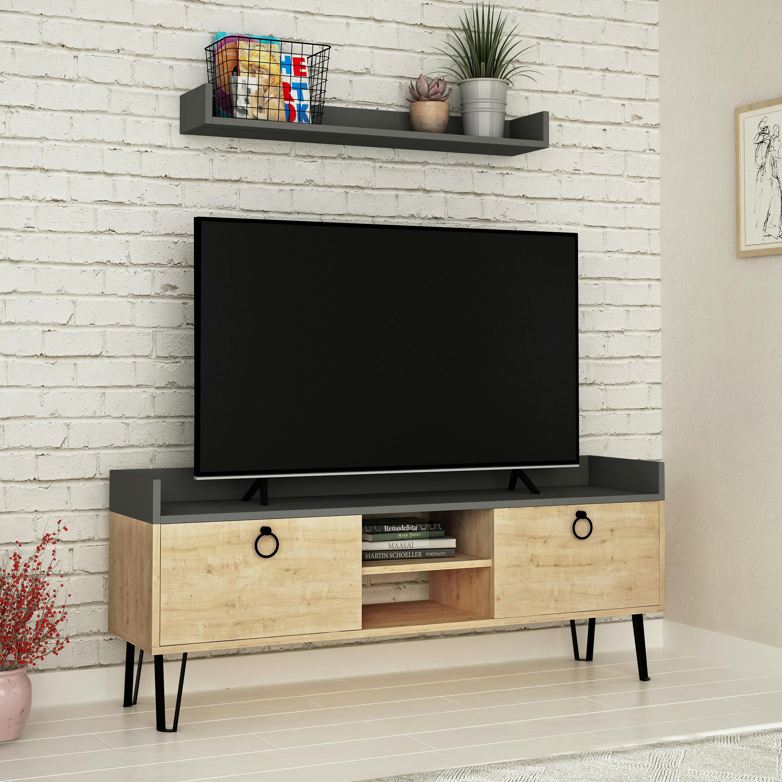 Decortie Anthracite Keday Modern Tv Unit Multimedia Centre Oak With Wall Shelf Unit 140Cm