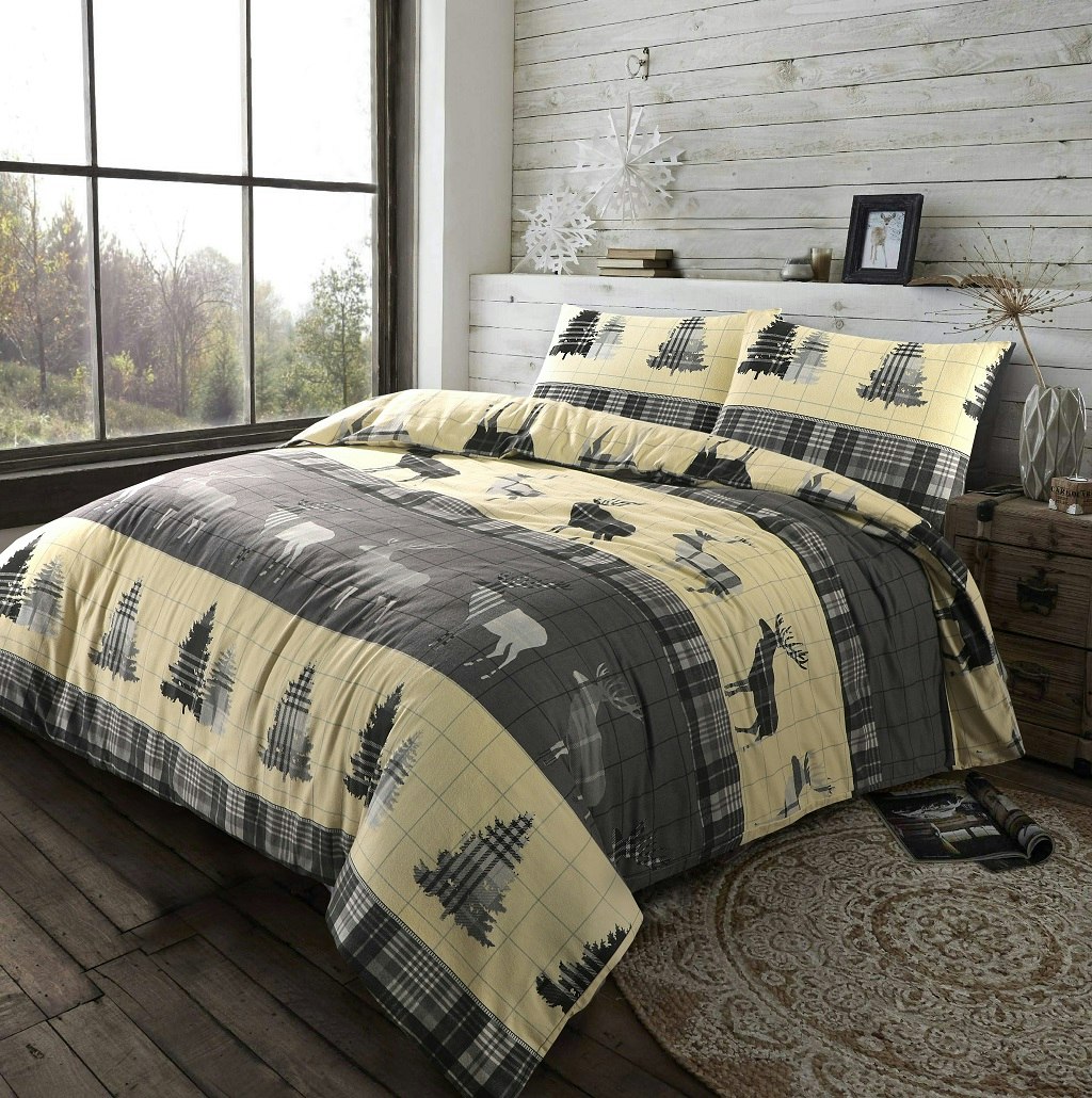 Rackhams Grey Brushed Cotton Flannelette Tartan Stag Duvet Cover Set - King