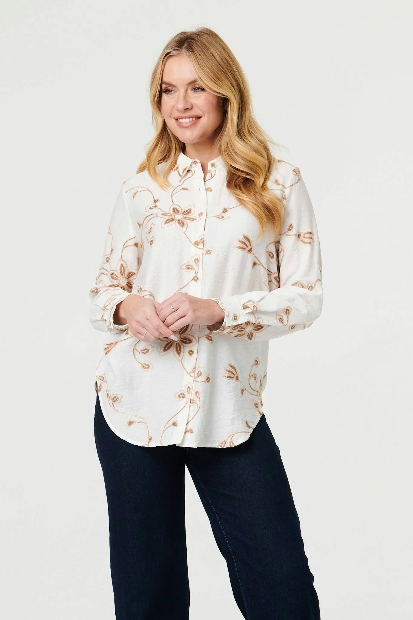 Izabel London White Floral Textured Long Sleeve Shirt - 14