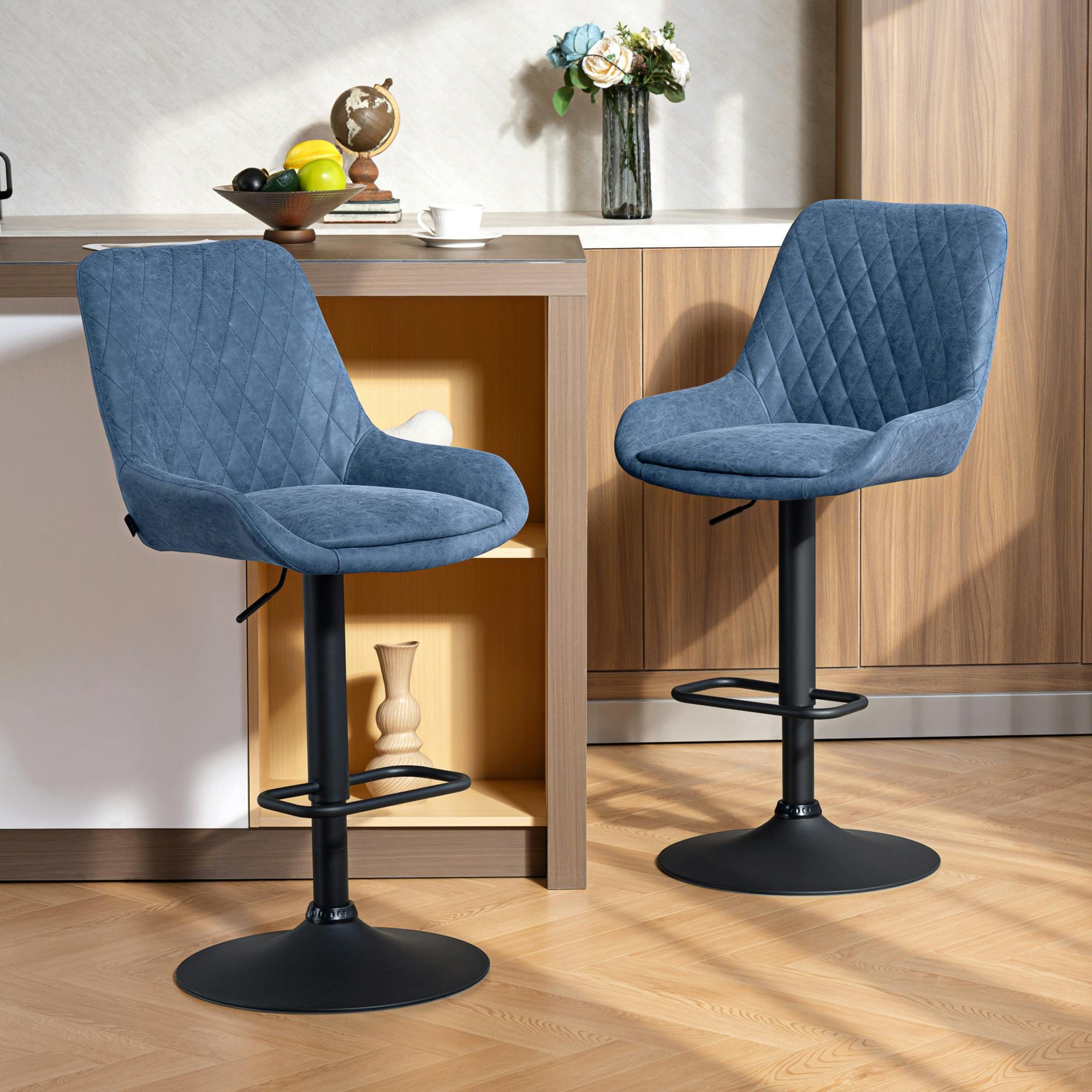 Rackhams Black/Dark/Blue Bar Stools Set Of 2, Adjustable Bar Chairs 360 Degree Swivel