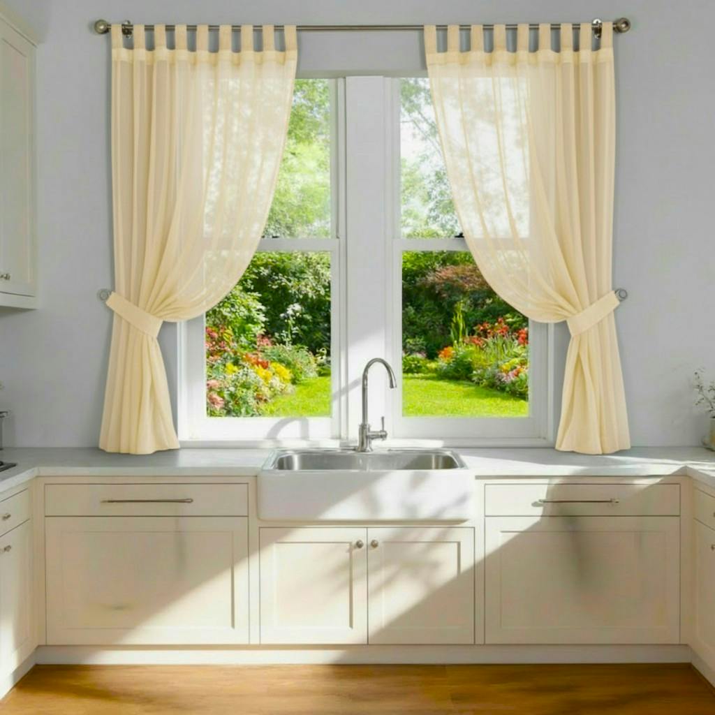Rackhams Cream Voile Tab Top Curtain Pair With Crystal Tie Backs Sheer Window Panels - 150Cm Width X 183Cm Drop