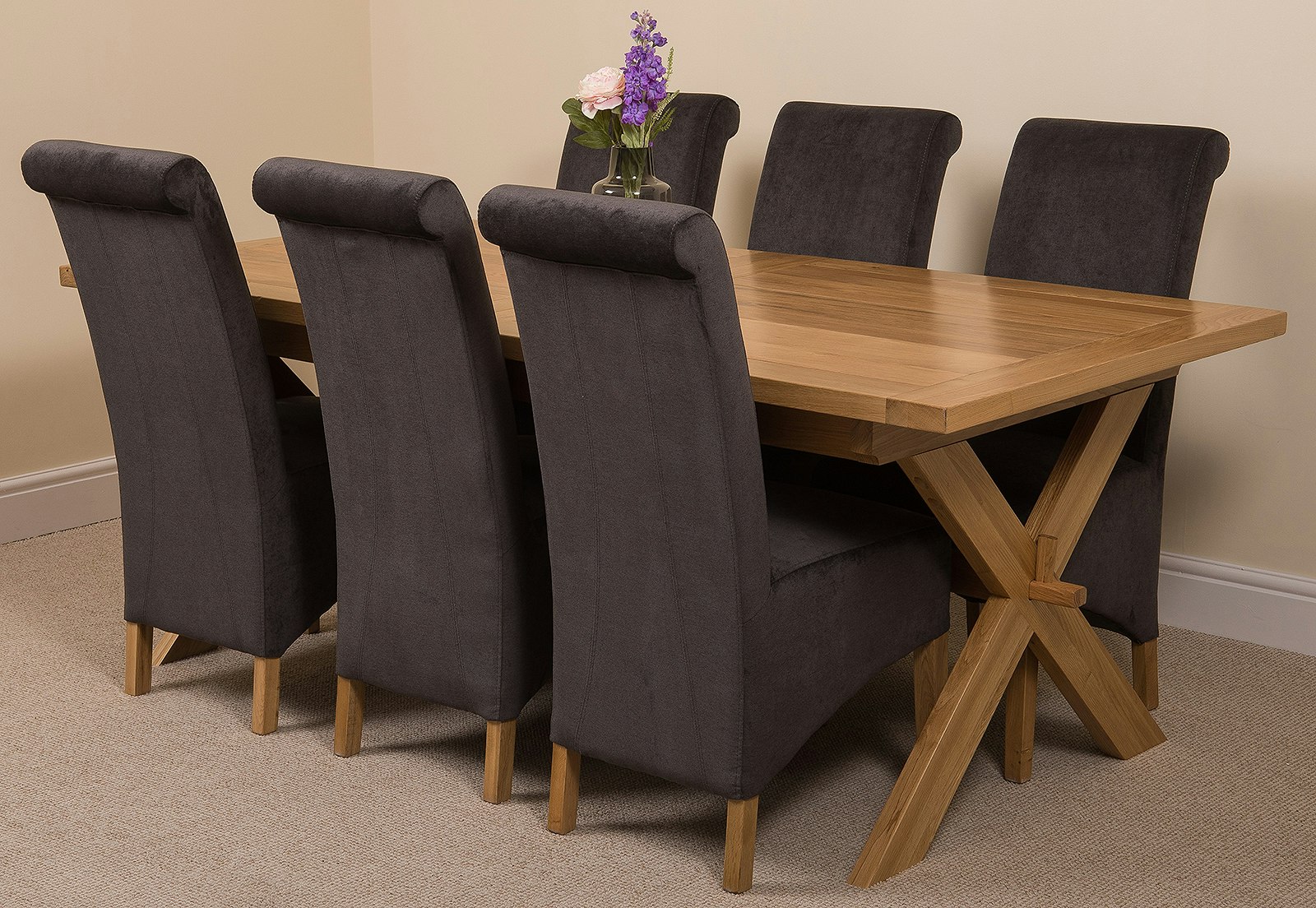 That's Furniture Black Vermont Cross Leg Oak Extending Dining Table With Montana Fabric Chairs - 6 Chairs