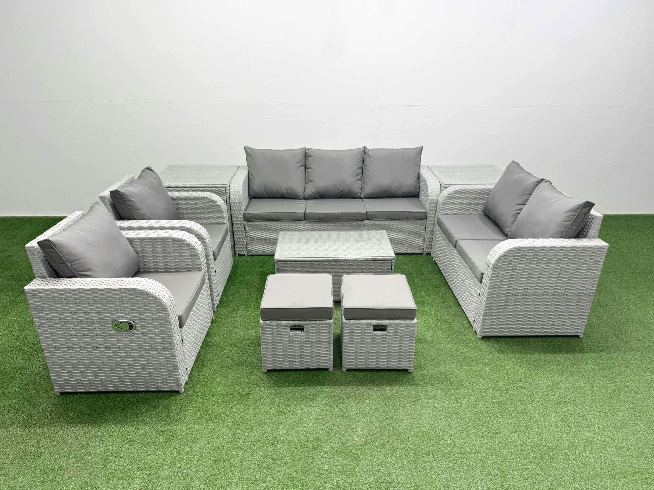 Fimous Light/Grey Pe Rattan Outdoor Lounge Set - Adjustable Chair, Double Loveseat, Oblong Coffee Table, 2 Stools & 2 Side Tables