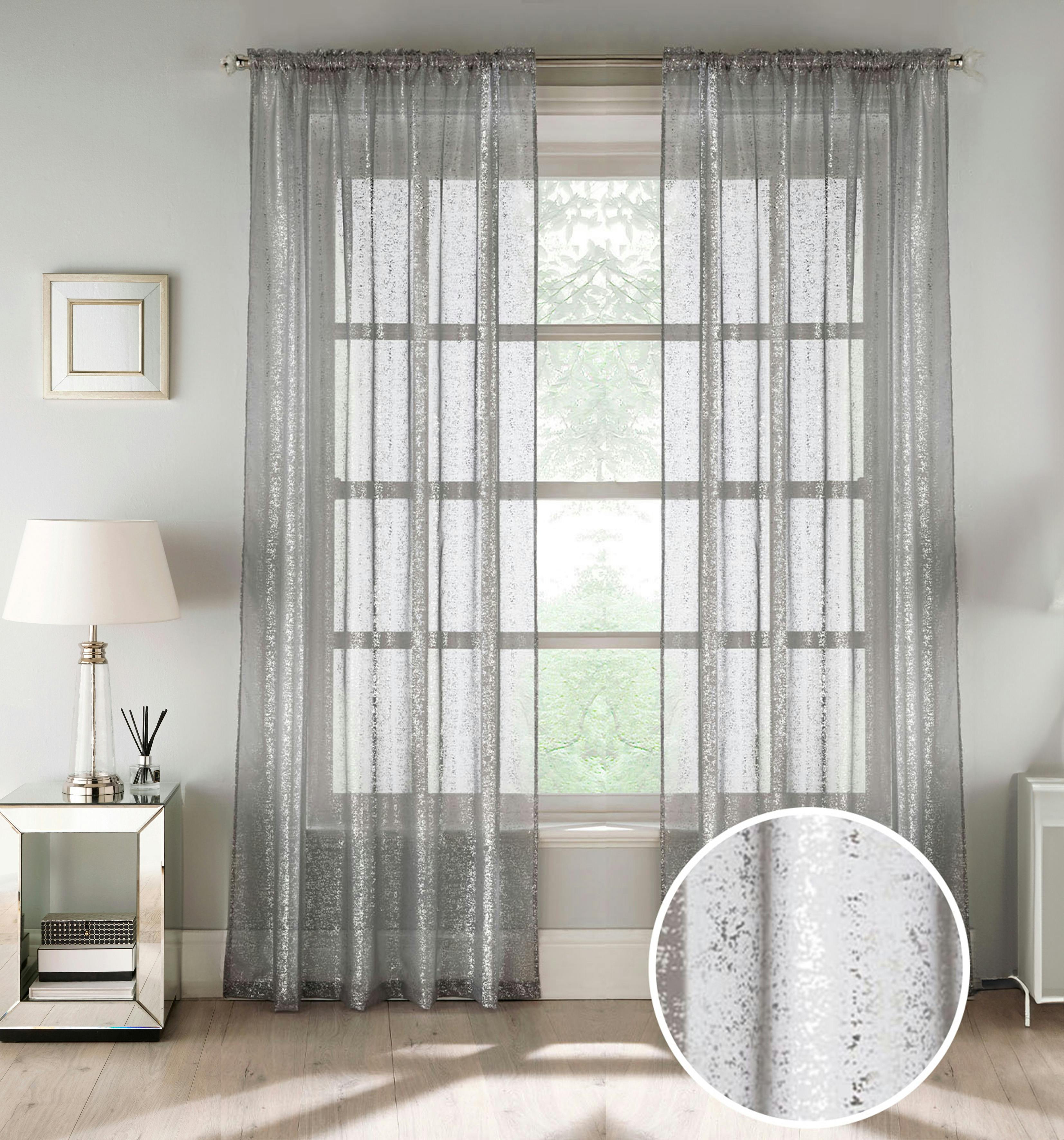 Tyrone Textiles Grey Pandora Metallic Print Voile Panel - Pair - 55" (140Cm) Width X 54" (137Cm) Drop