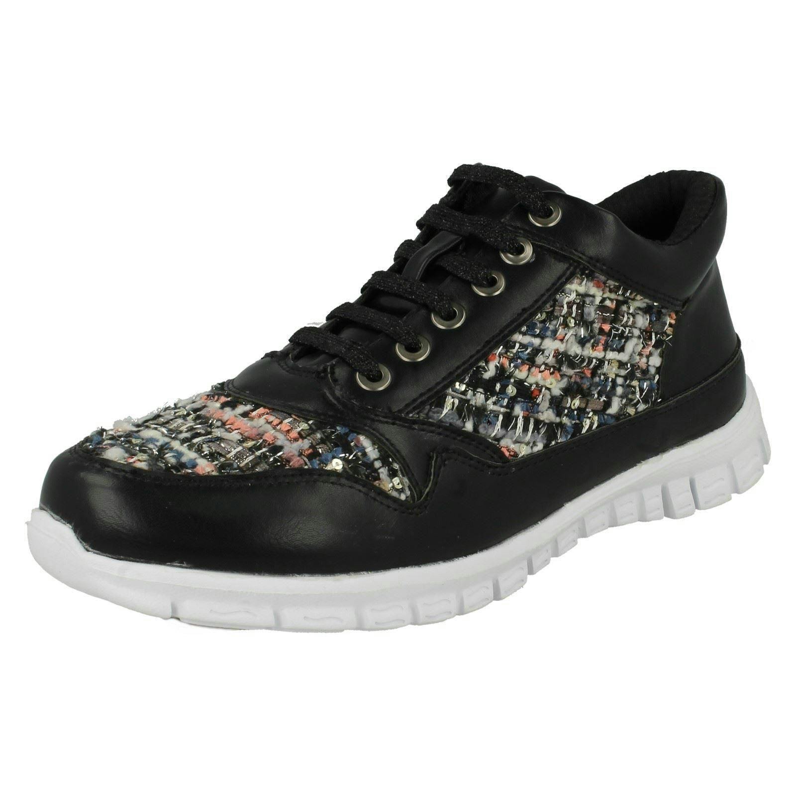 Spot On Women's Black Waves Casual Lace Up Textile Trainers - F80101 - Uk 5