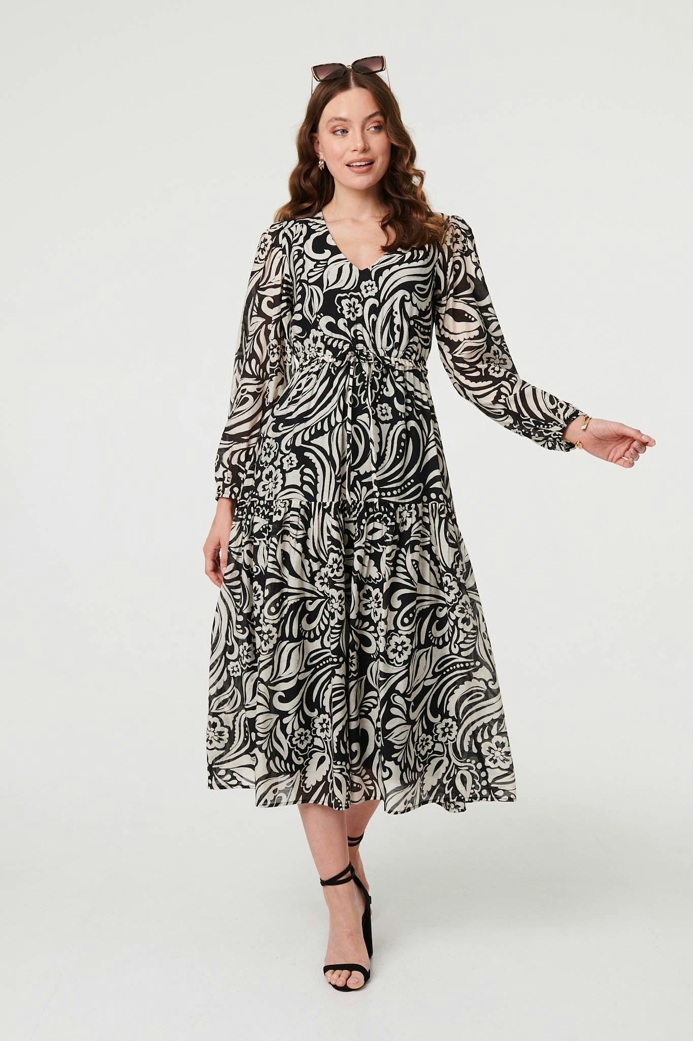 Izabel London Black Printed Layered Long Sleeve Maxi Dress - 12