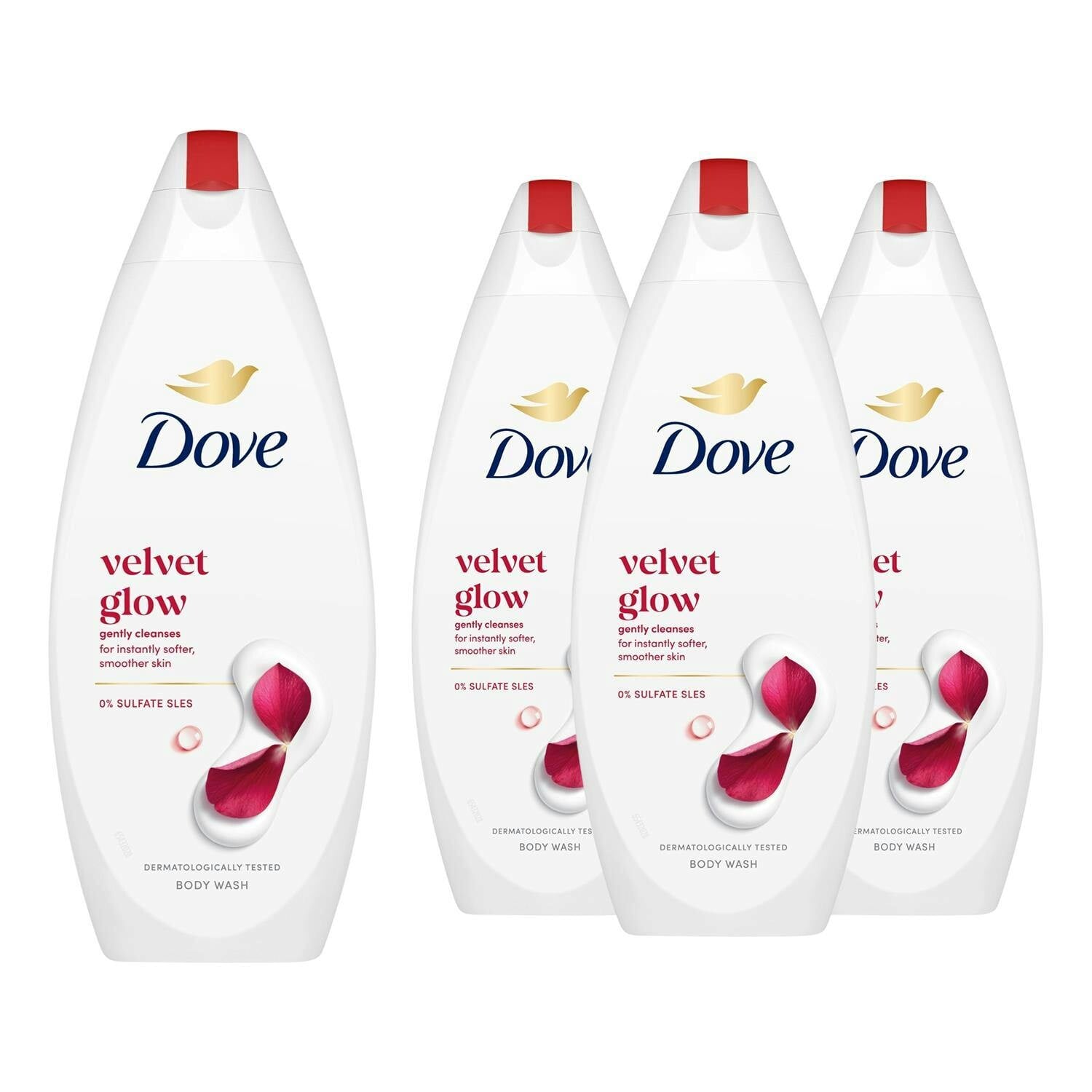 Dove Velvet Glow Body Wash 4 Pack, 0% Sulfate Sles Shower Gel, 225Ml