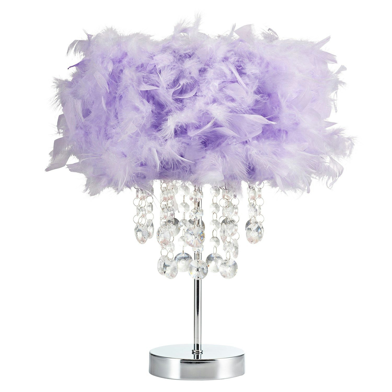 Happy Homewares Lilac Chandelier Style Feather Table Lamp With Waterfall Acrylic Drops