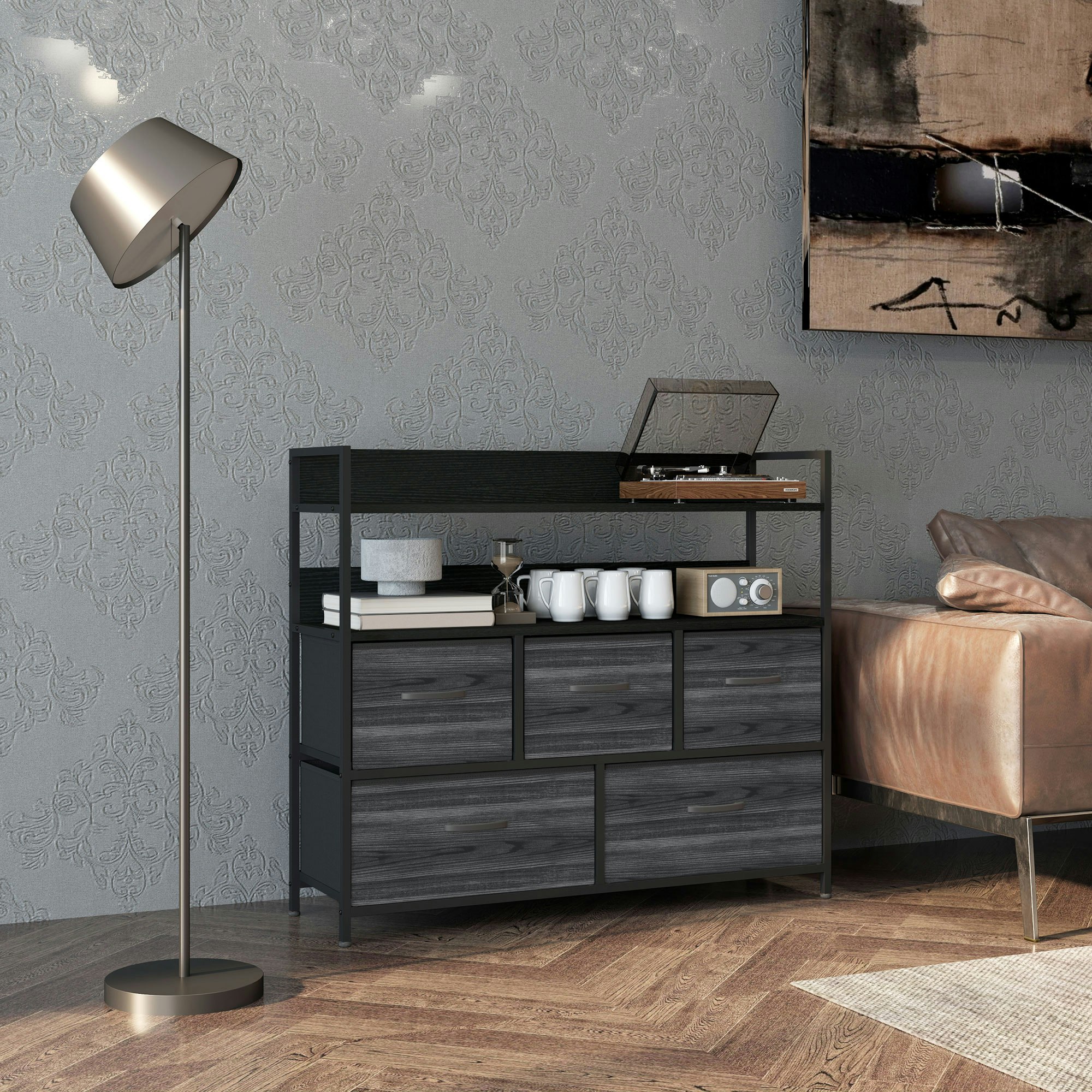Rackhams Black Bedroom Chest Of Drawers 5 Drawer Dresser W/ Shelves,