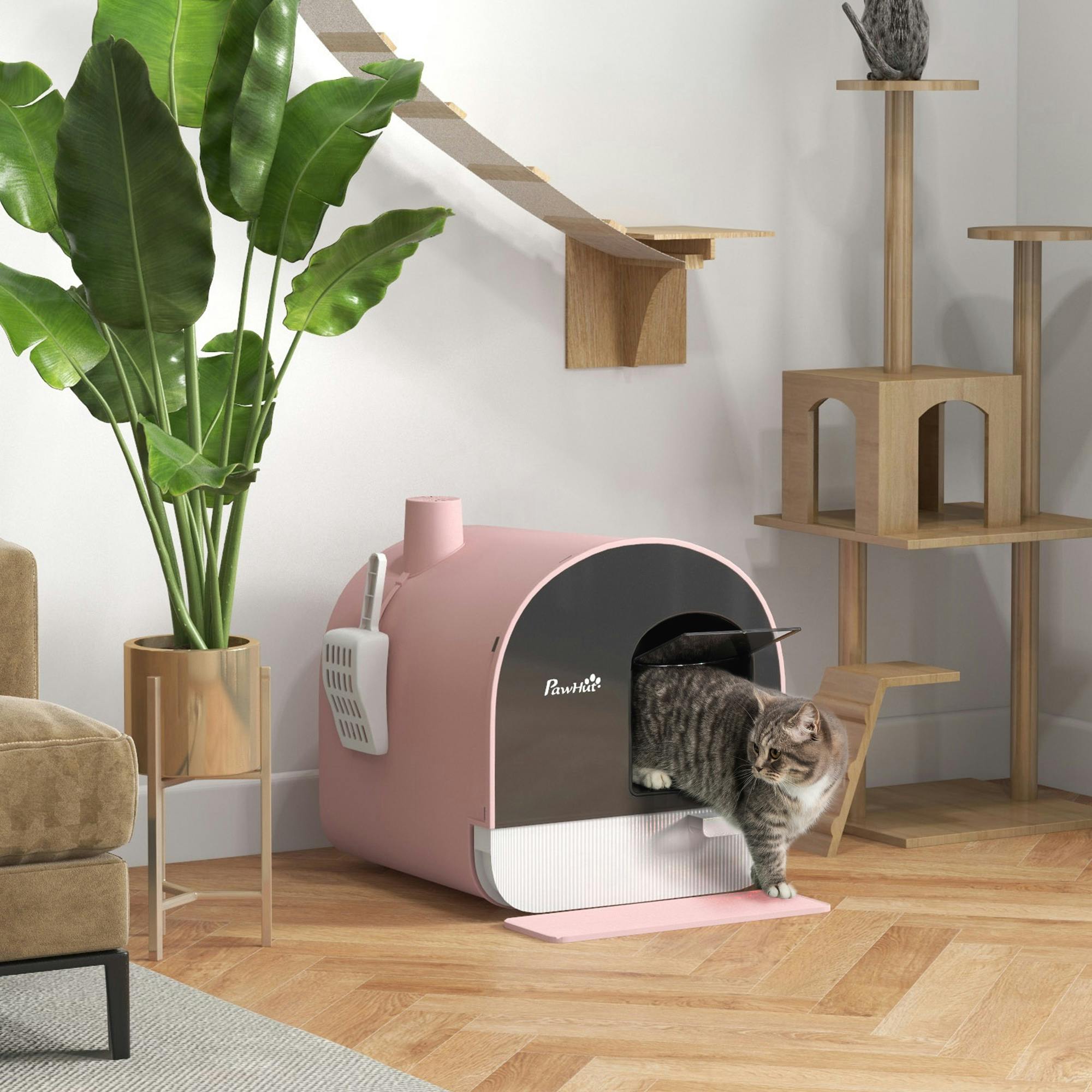 Pawhut Pink Cat Litter Box Kitten Litter Tray W/ Lid, Scoop, Filter, Flap Door,