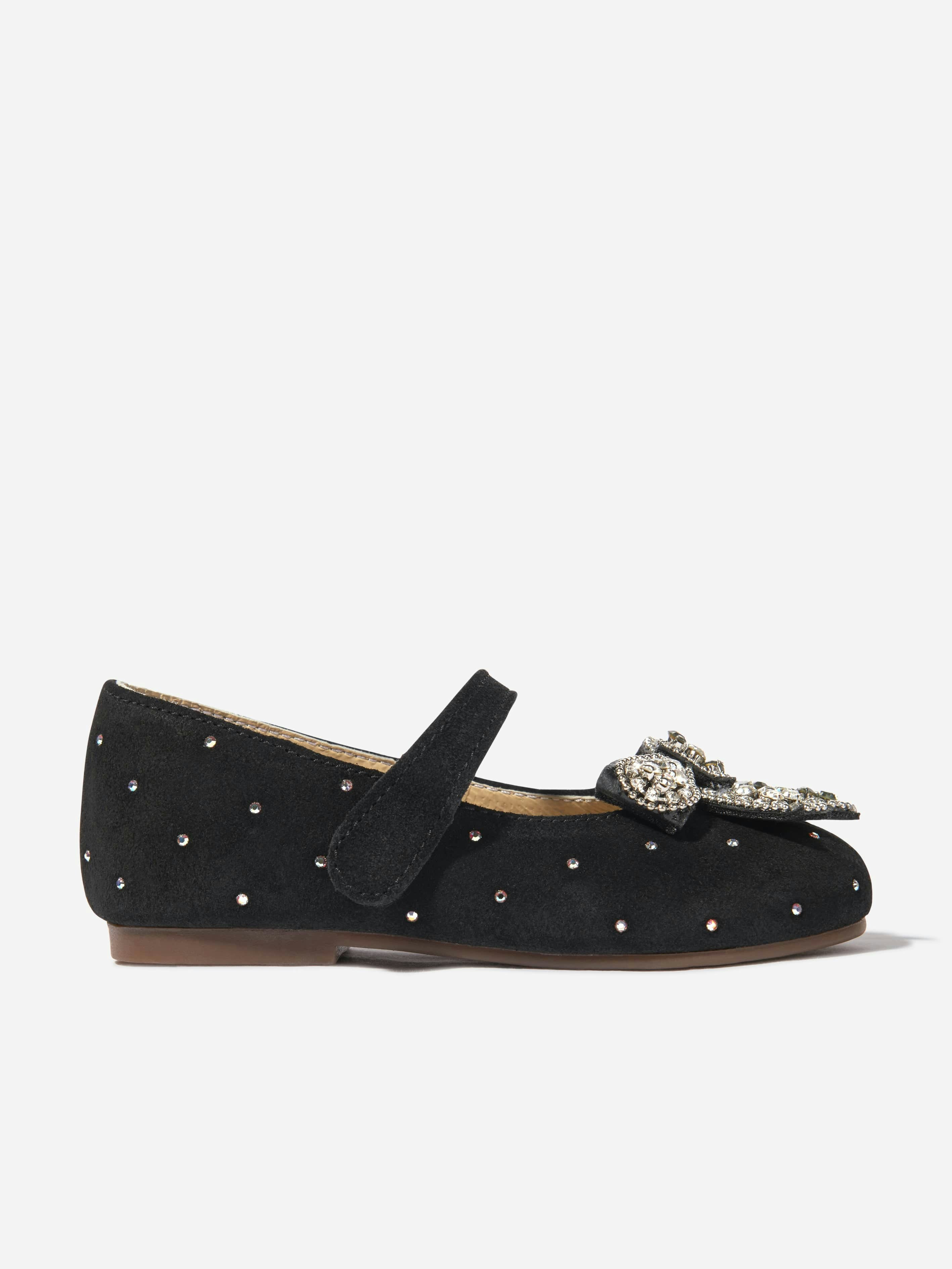 Babywalker Girls Black Suede Swarovski Bow Ballerinas In - Eu 19 Uk 3