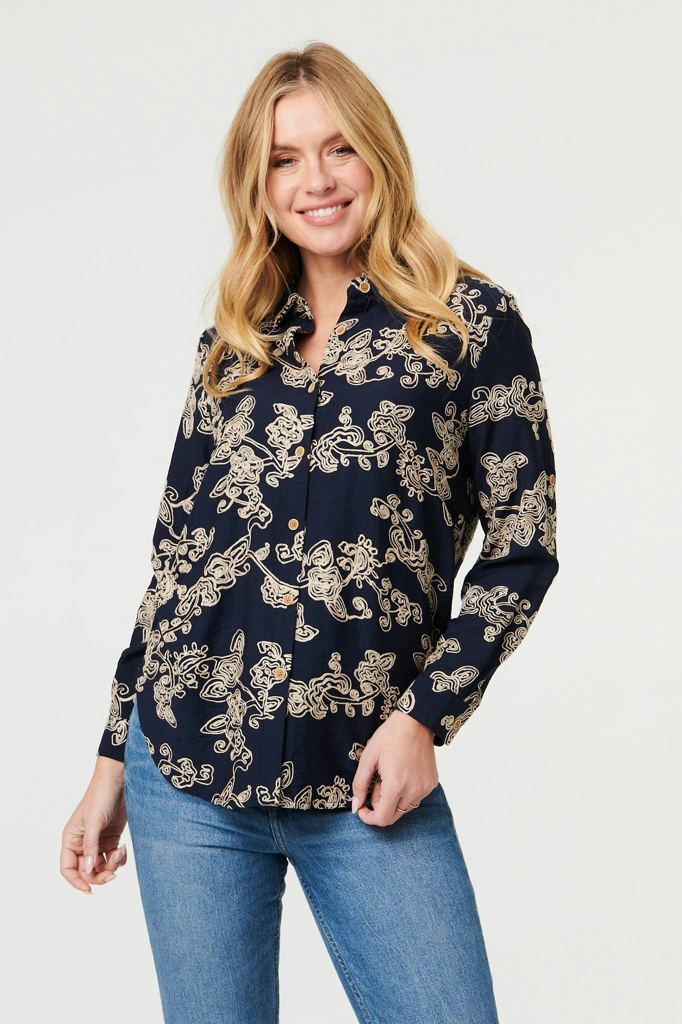 Izabel London Floral Embroidered Long Sleeve Blouse - 16 - Navy