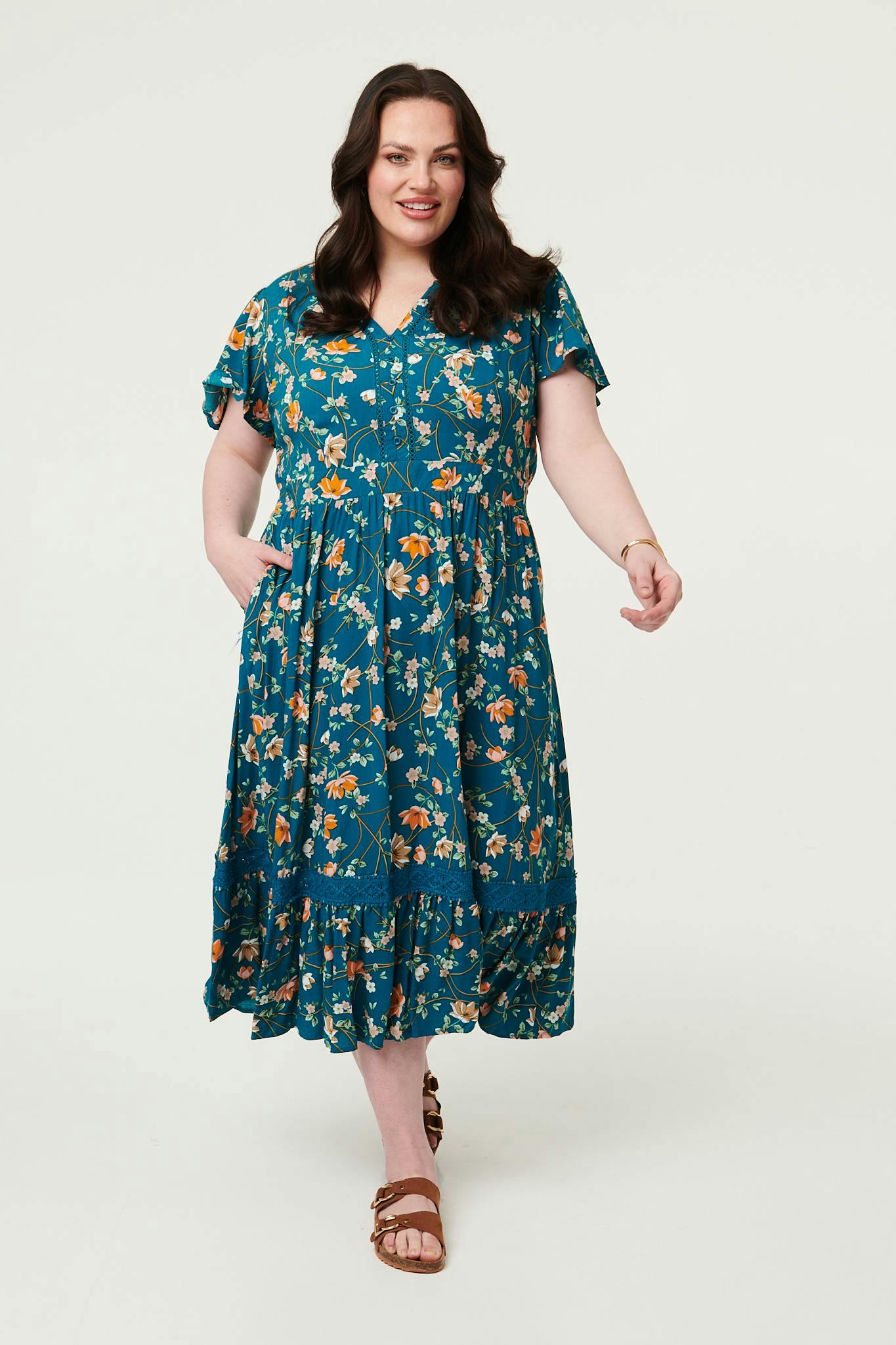 Izabel London Curve Floral Lace Short Sleeve Midi Dress - 22 - Teal