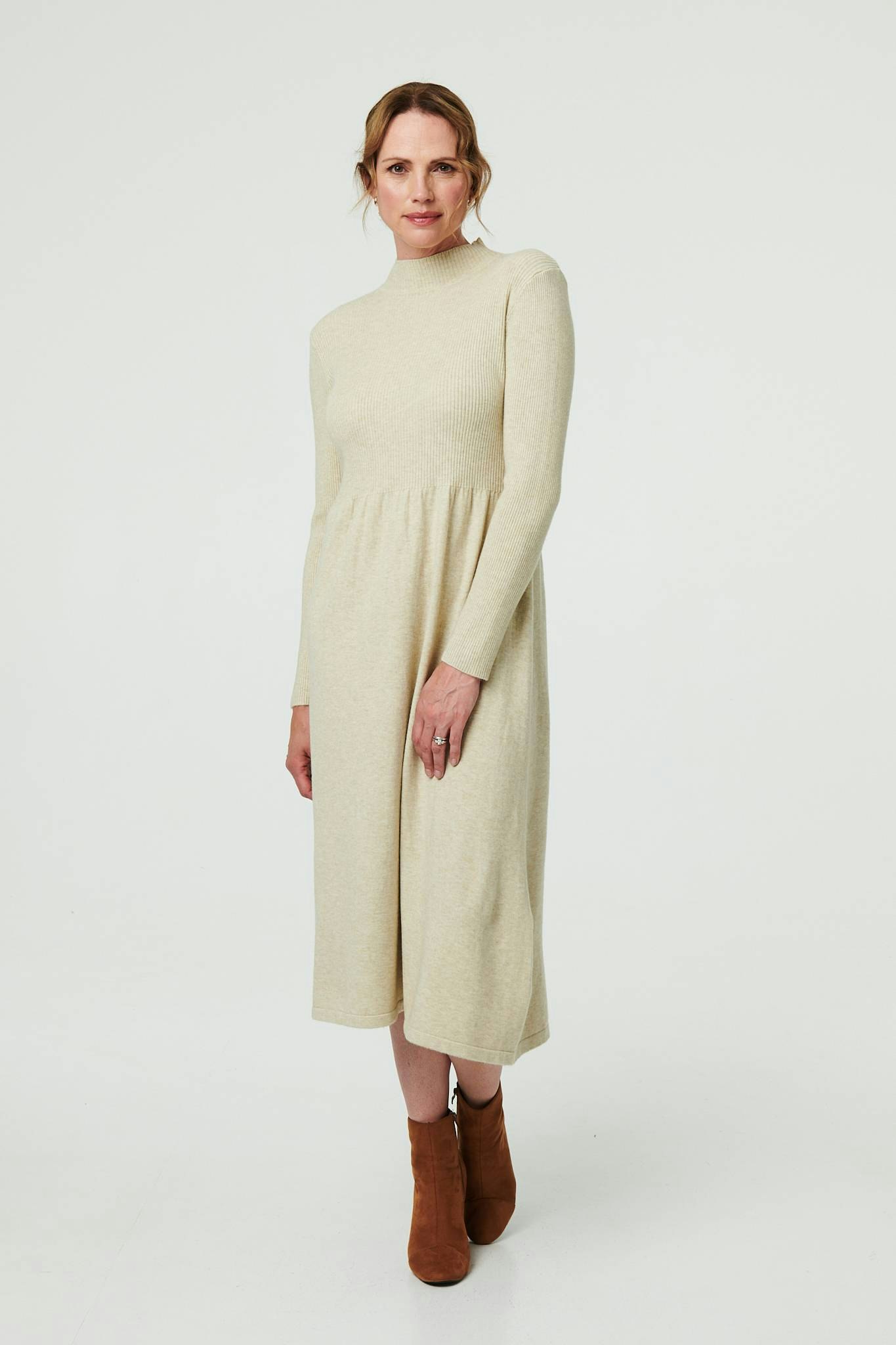 Izabel London Beige Textured High Neck Midi Jumper Dress - 16