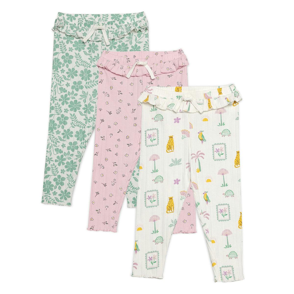 Mini Cuddles Women's Green/Pink/White Baby Girls 3Pk Printed Leggings, Multicolour - 6-9 Months