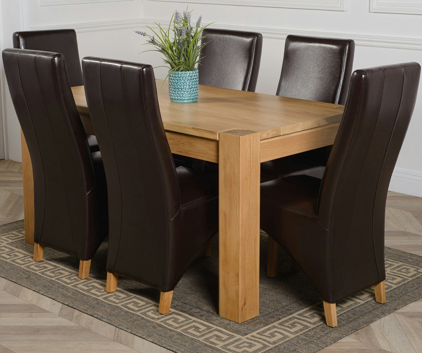 Rackhams Brown Kuba Medium Oak Dining Table With Lola Leather Chairs - 6 Chairs