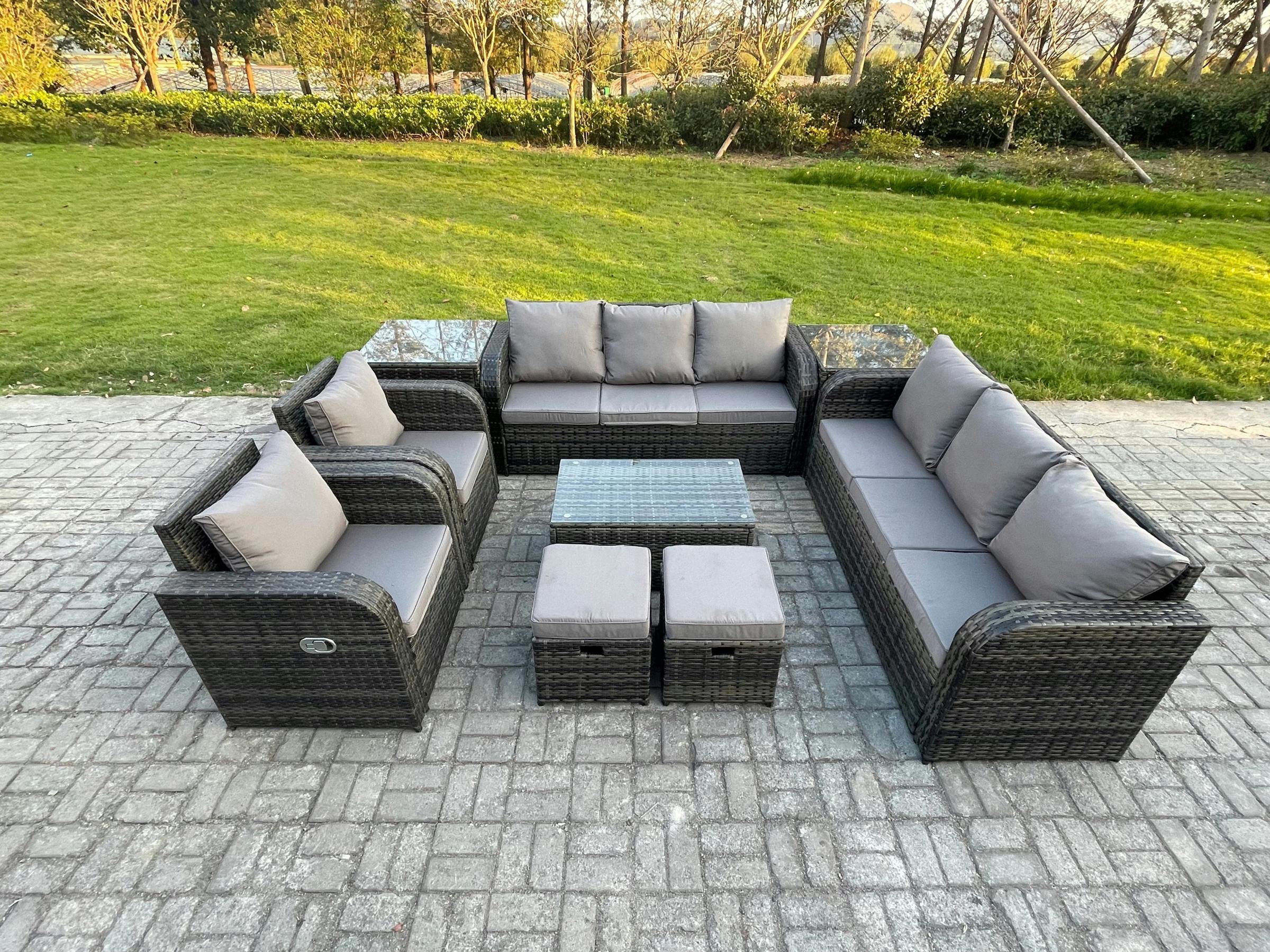Rackhams Dark/Grey 10 Seater Rattan Furniture Set With Coffee Table, 2X 3 Seater Sofas, 2 Reclining Chairs, 2 Footstools & 2 Side Tables - Mixed