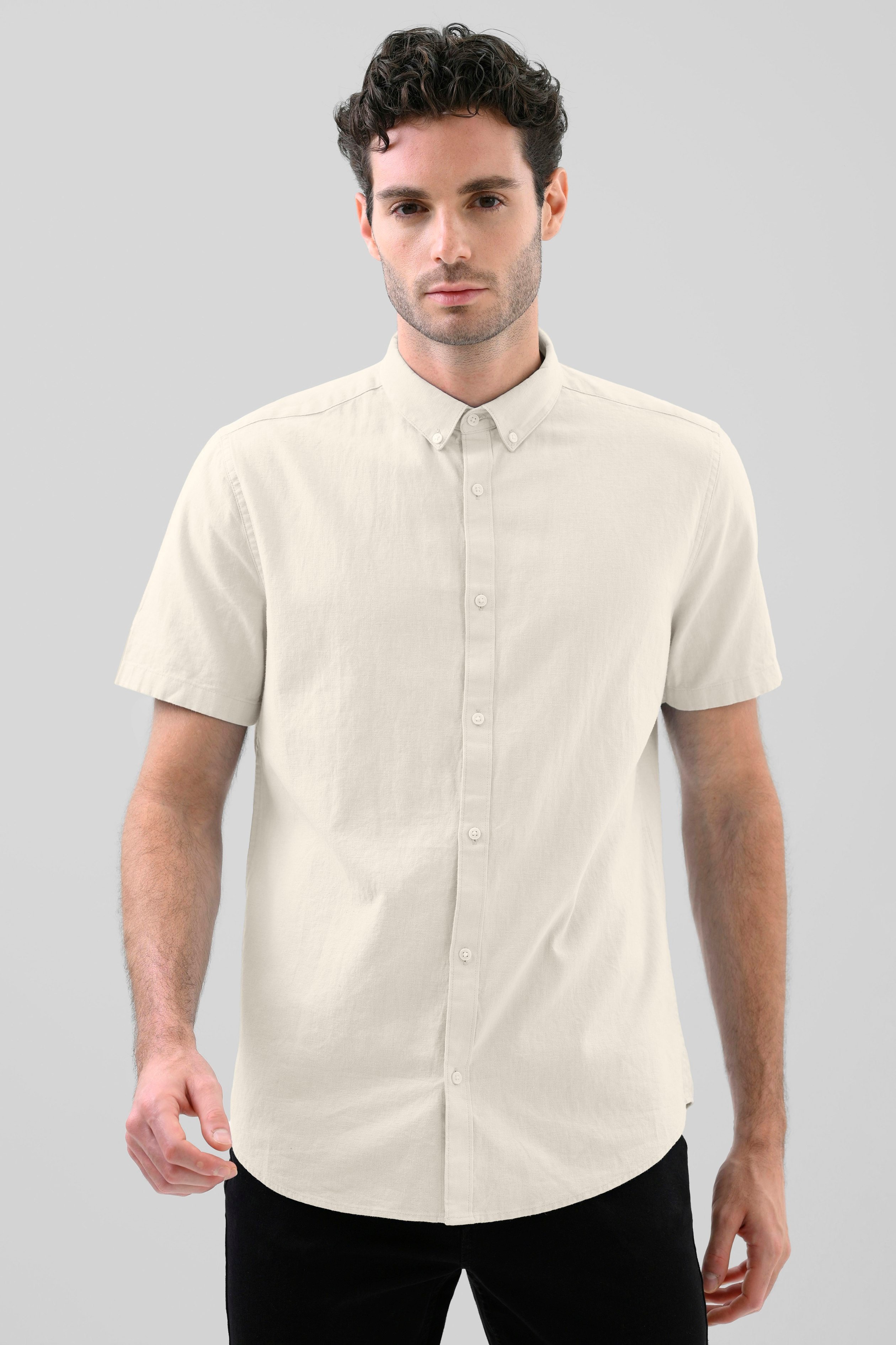 Enorsia Beige Solid Linen Blend Short Sleeve Shirt - S - 55% Linen, 45% Cotton