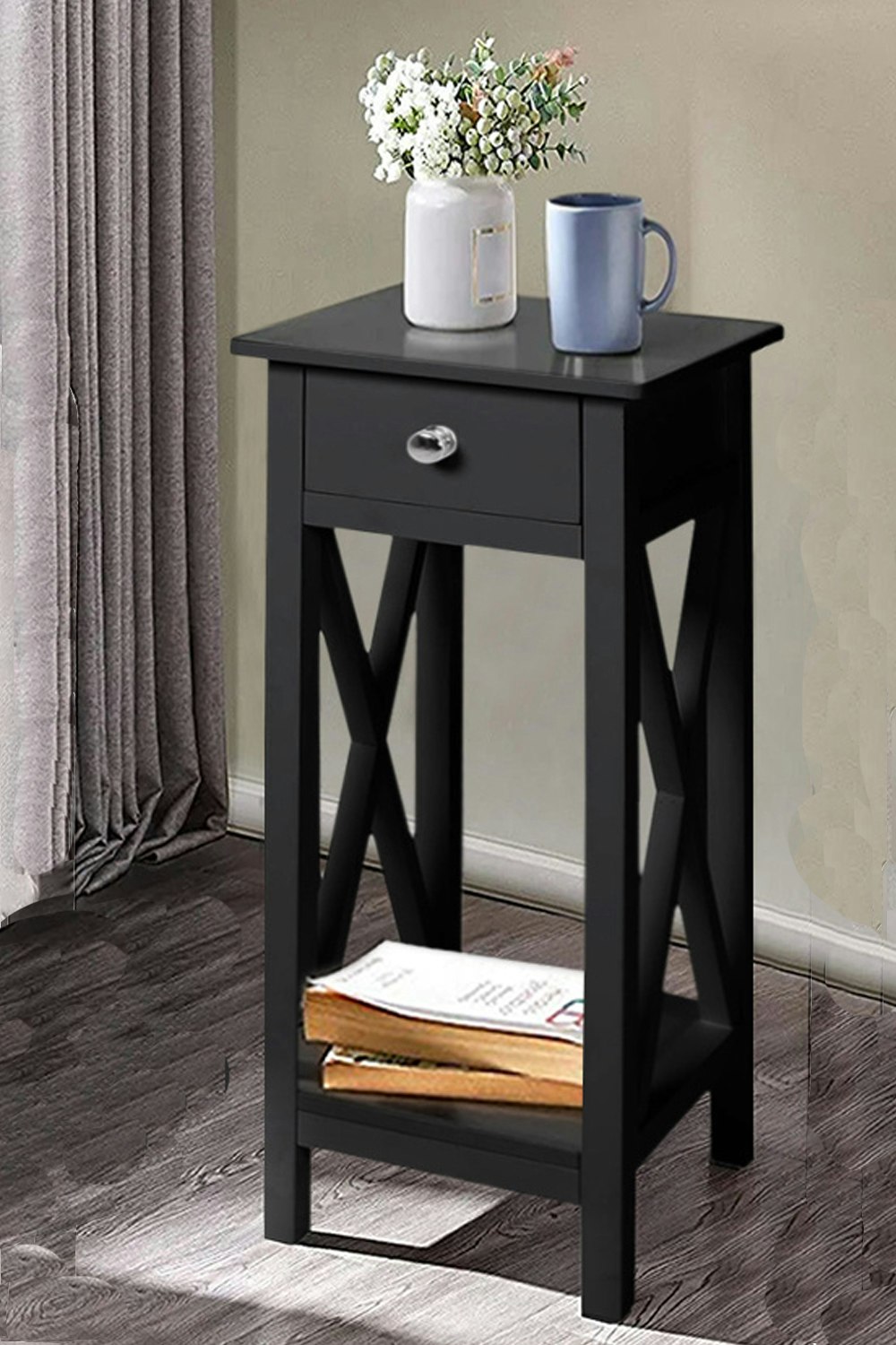 Rackhams Black 2 Tier Wooden Slim Side Table Bedside Sofa Side Table With Drawer&Shelf Wood Nightstand