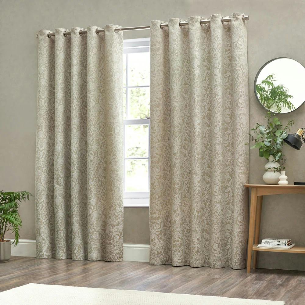 Wylder Bali Jacquard Botanical Eyelet Curtains - Natural - 117Cm X 137Cm - Natural - 100% Polyester