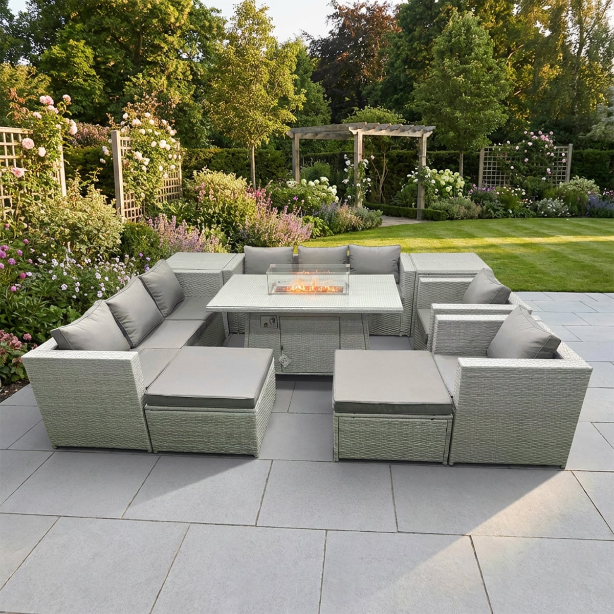 Rackhams Light/Grey 10 Seater Rattan Outdoor Garden Furniture Set With Fire Pit Dining Table, 2 Sofas, 2 Side Tables, 2 Chairs & 2 Footstools