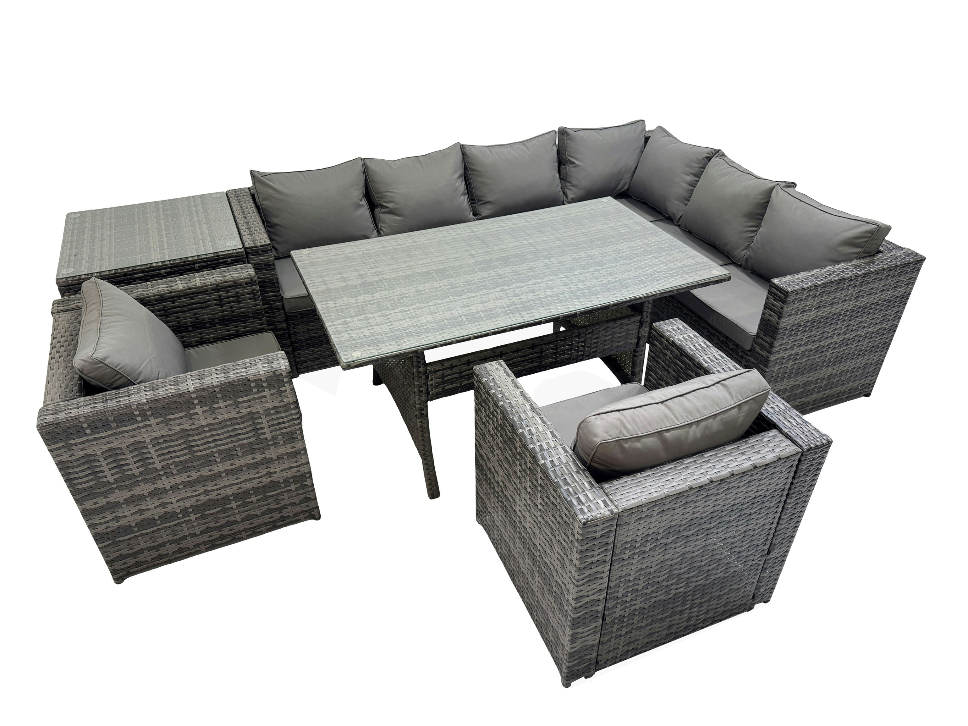 Fimous Dark/Grey Rattan Garden Furniture Set Outdoor 8 Seater Patio Dining Corner Sofa Sets With Dining Table 2 Chairs Side Table Mixed