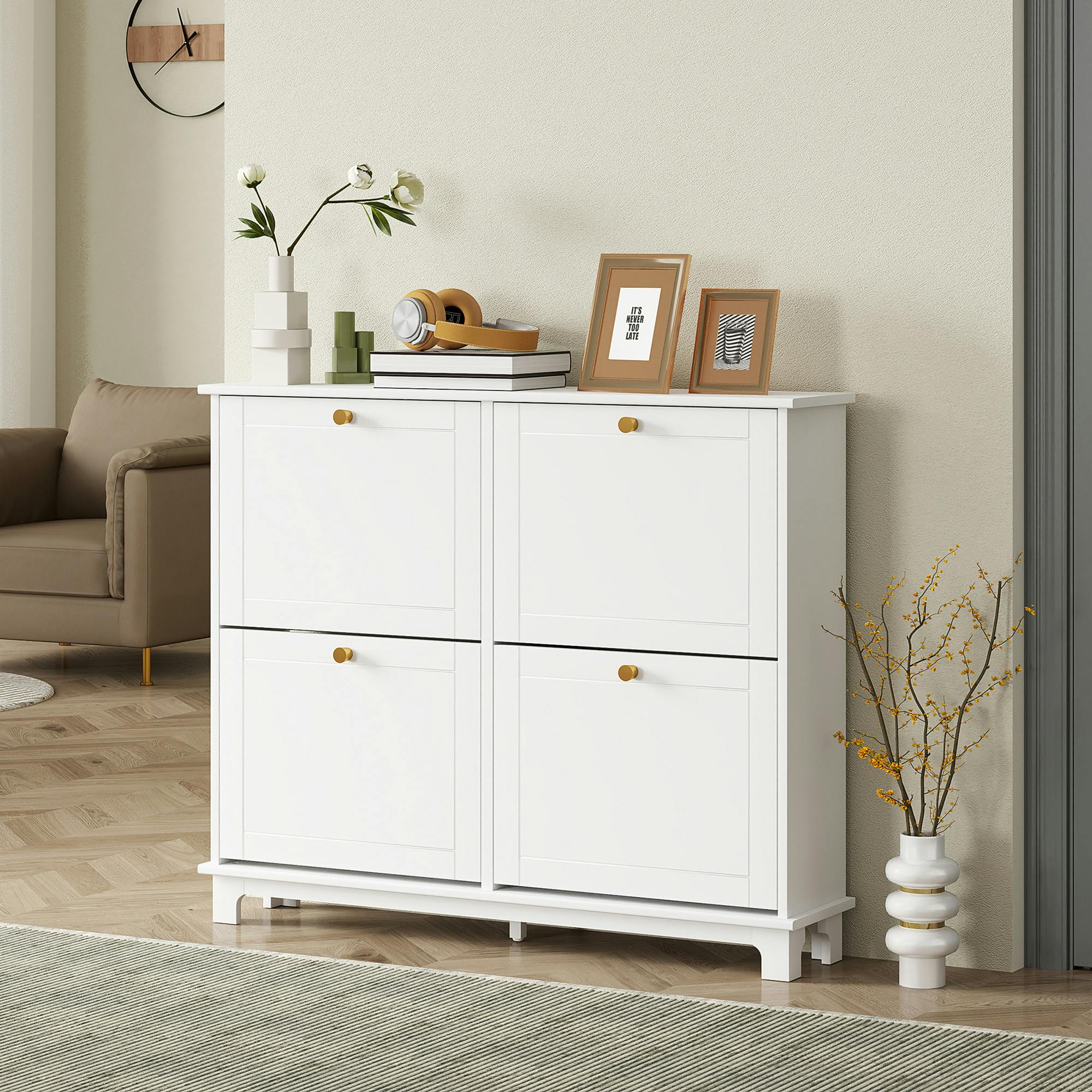 Rackhams Black/White Narrow Shoe Cabinet With 4 Flip Drawers Adjustable Shelves,