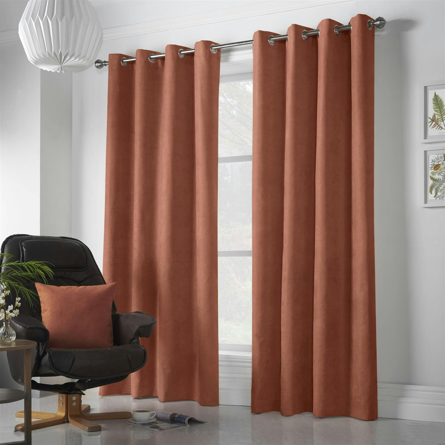 Rackhams Orange Velvet Chenille Ring Top Curtains - 142Cm Width X 229Cm Drop