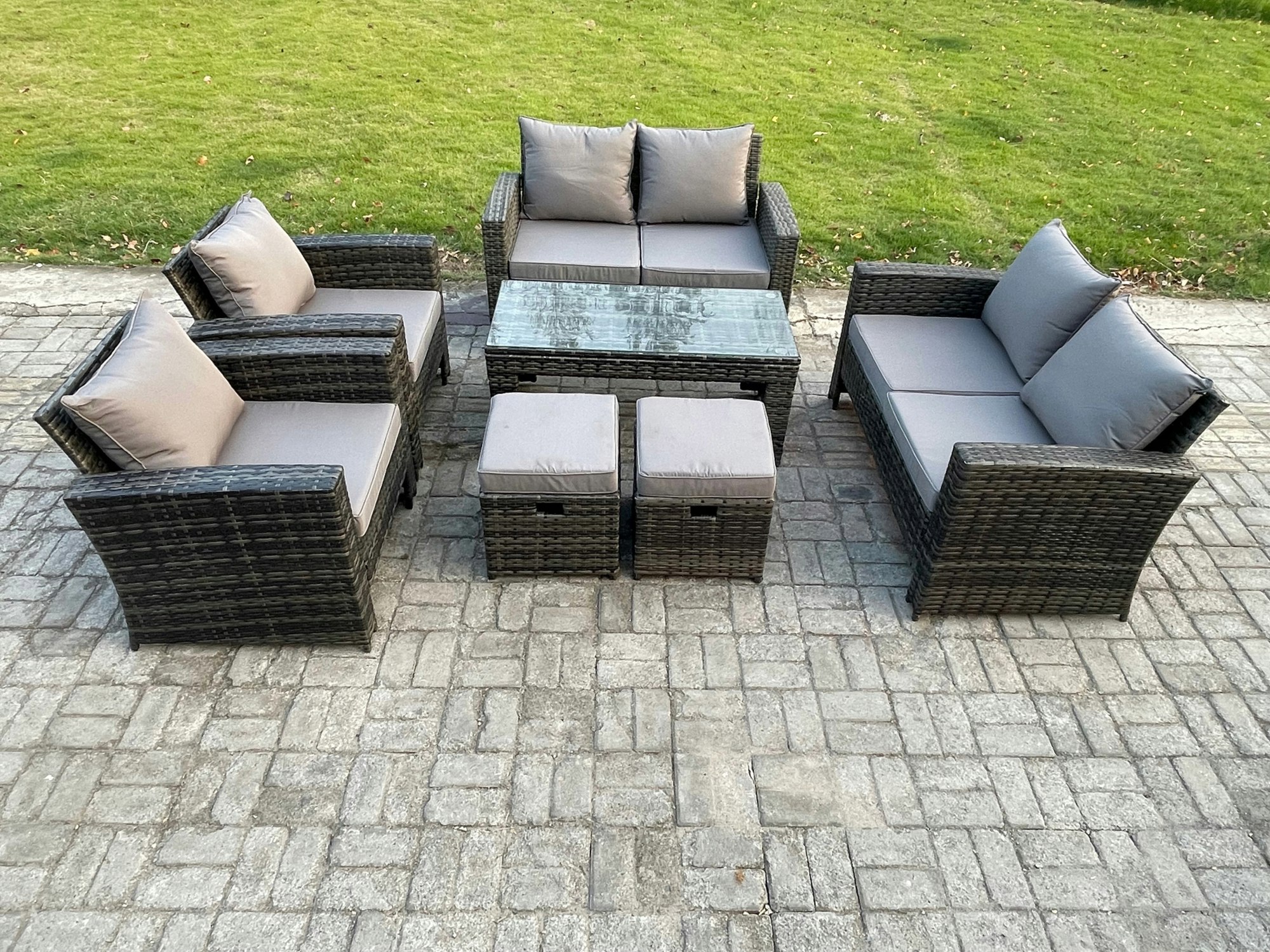 Fimous Dark/Grey 8 Seater Mixed High Back Rattan Sofa Set Coffee Table Garden Furniture Outdoor Patio With Love Sofa Arm Chairs 2 Small Footstools