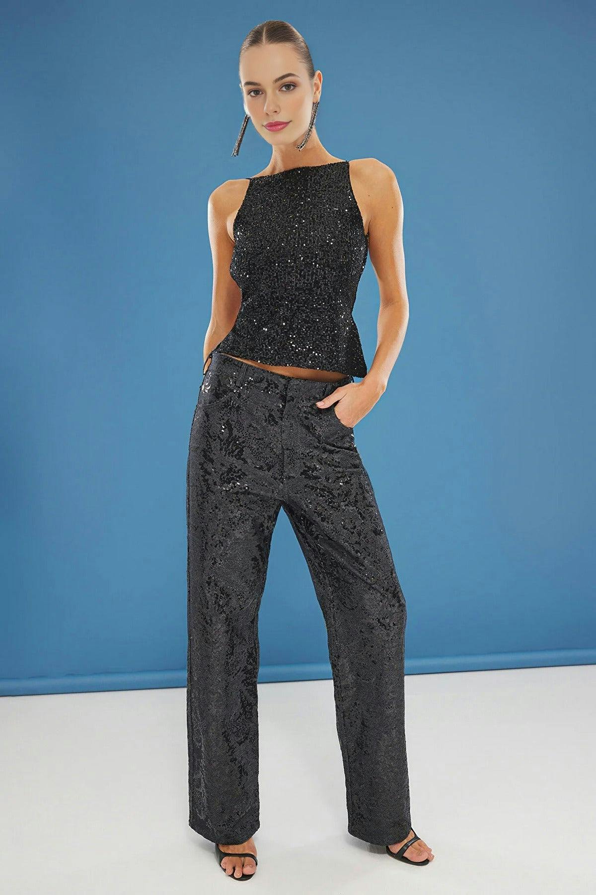 Wovcor Black Glittery Sequin Knit Blouse With Back Detail - 6