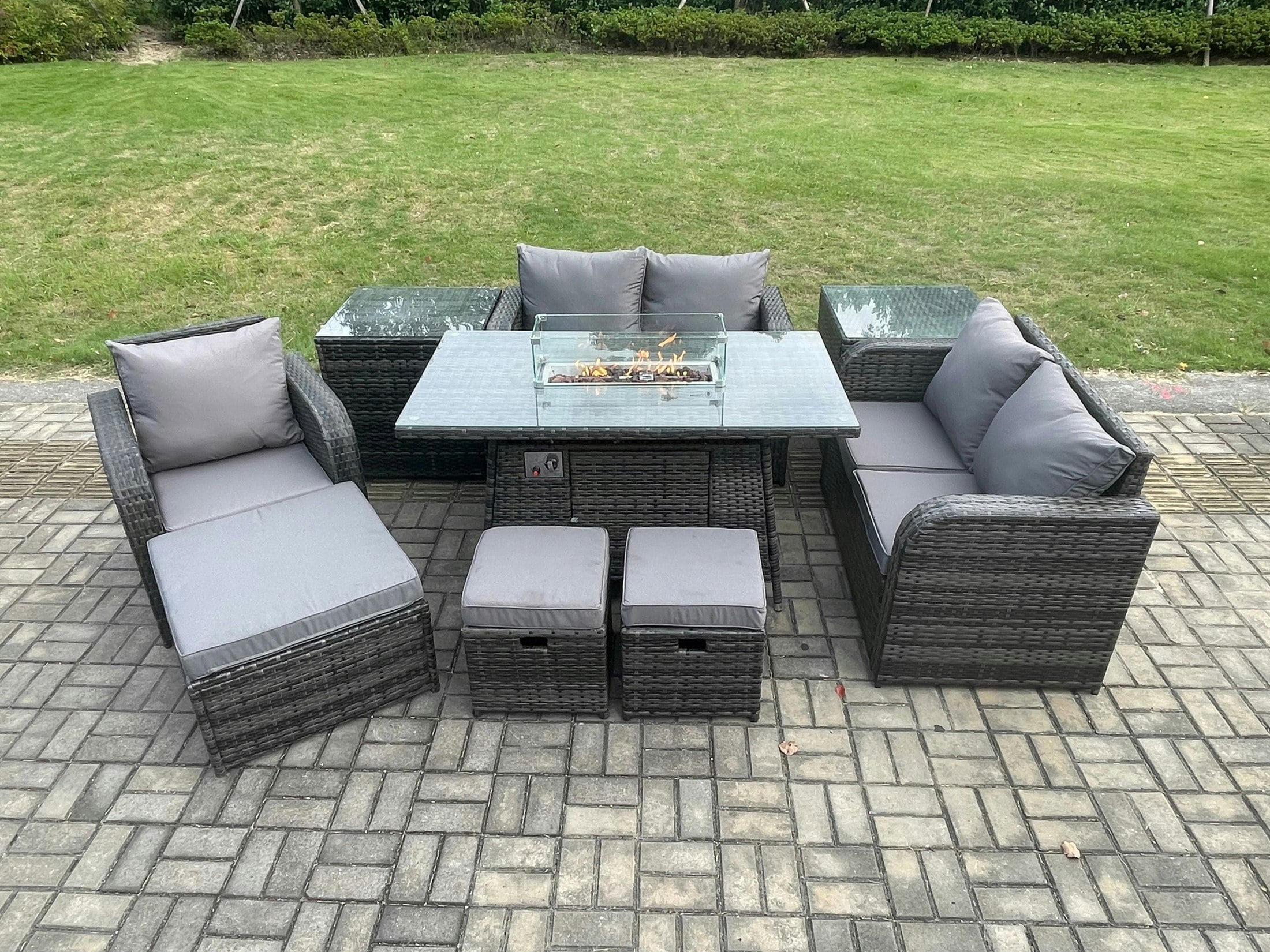 Rackhams Dark/Grey Outdoor Rattan Sofa Set | Gas Fire Pit Dining Table, Reclining Chairs, 2 Side Tables, 3 Footstools