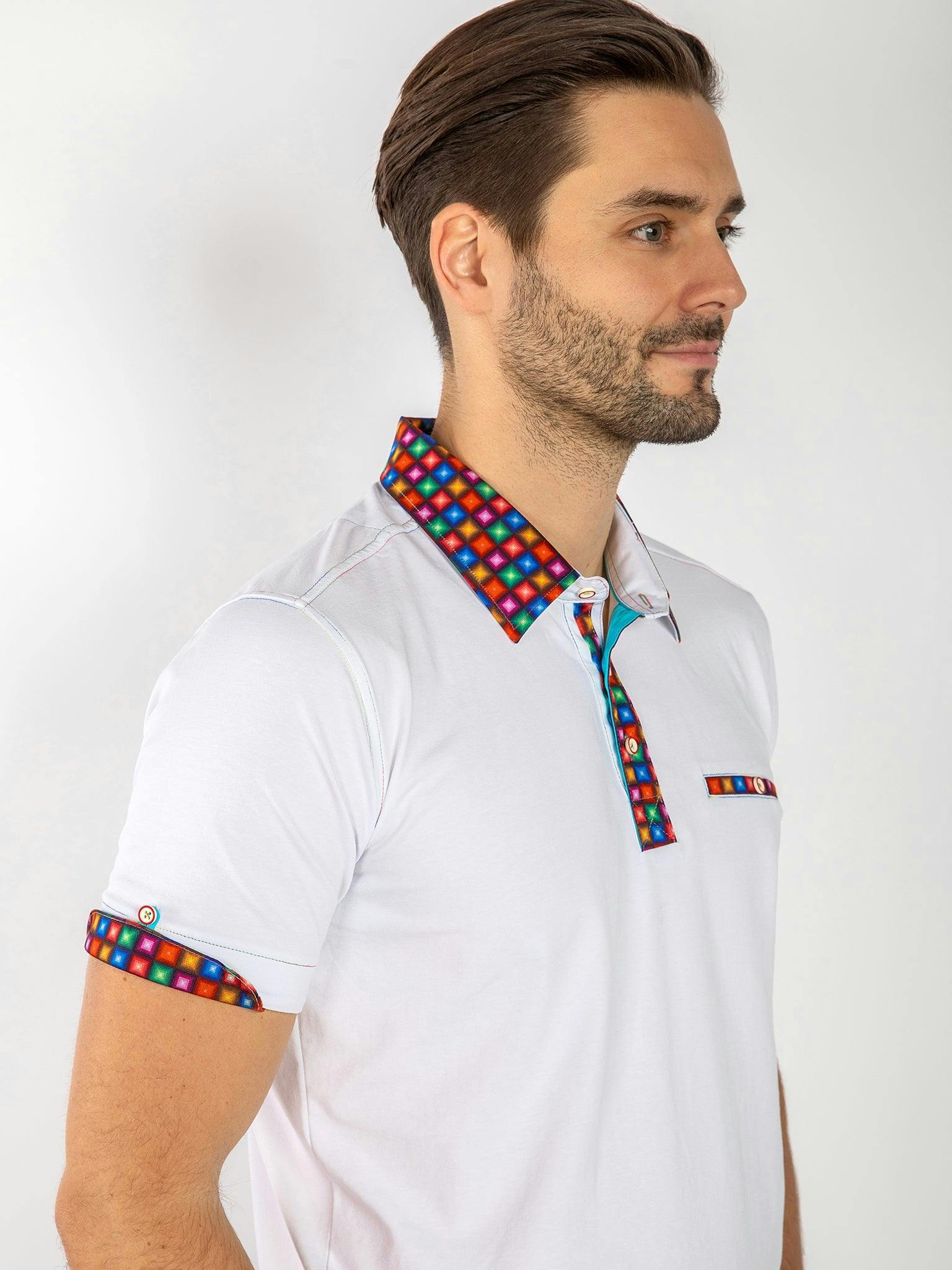 Claudio Lugli White Signature Polo Shirt With Squares Insert - 3XL