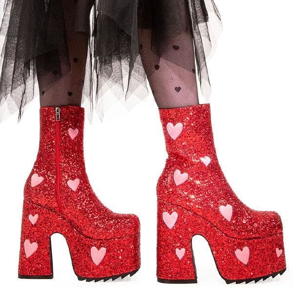 Lamoda Red/Pink Keeper Glitter Heart Chunky Platform Ankle Boots Gothic - Uk7