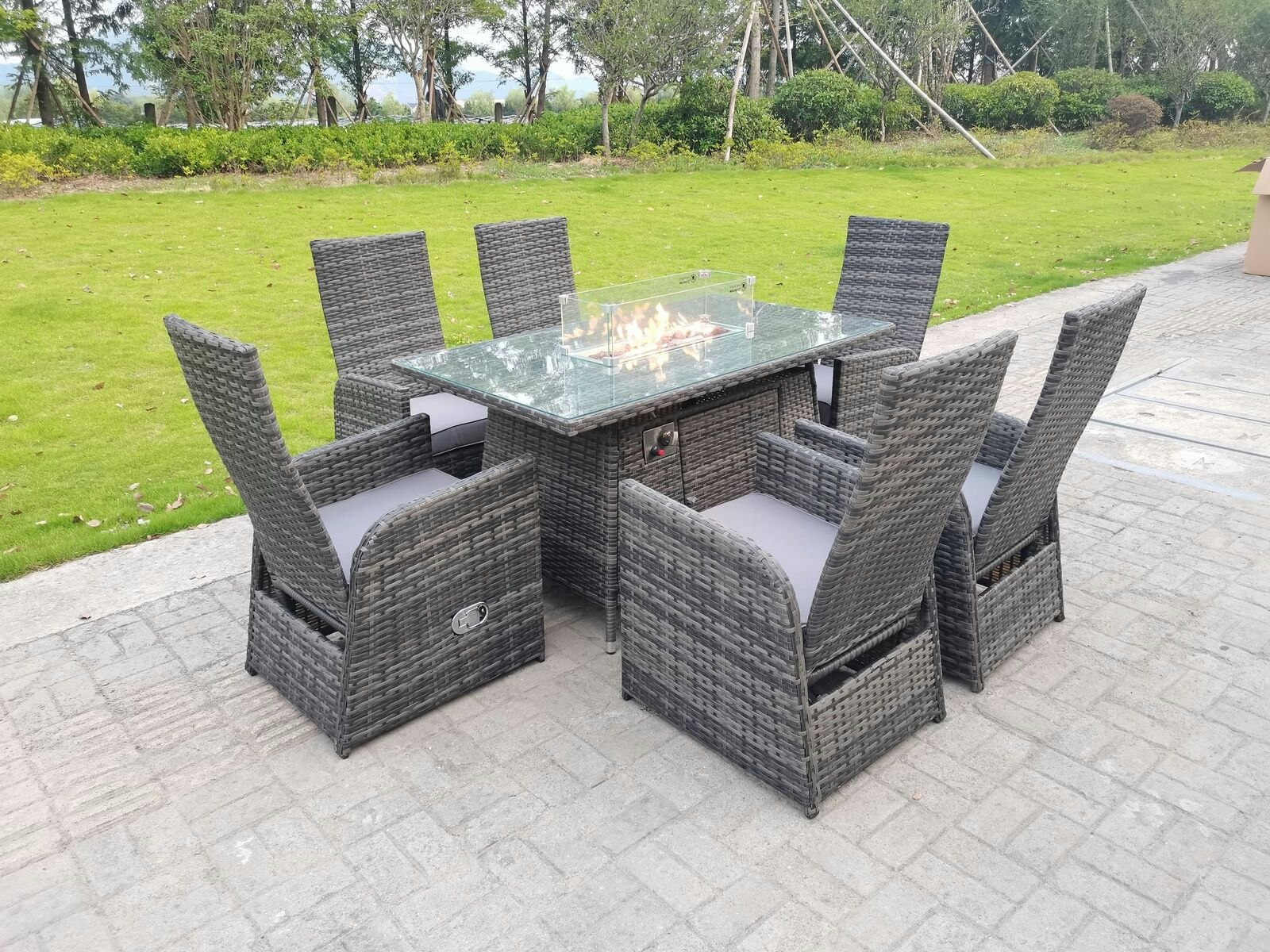 Rackhams Rattan Outdoor Garden Furniture Gas Fire Pit Dining Table Gas Heater Burner Reclining Table And Chair Sets 6 Seater Plus Rectangular Table