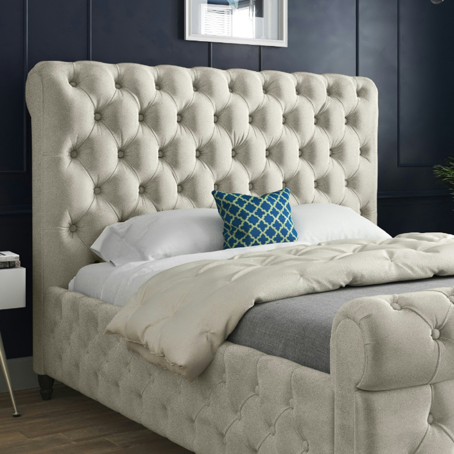 Rackhams Cream/Silver/Grey Sienna Sleigh Upholstered Soft Velvet Bed Frame - Single